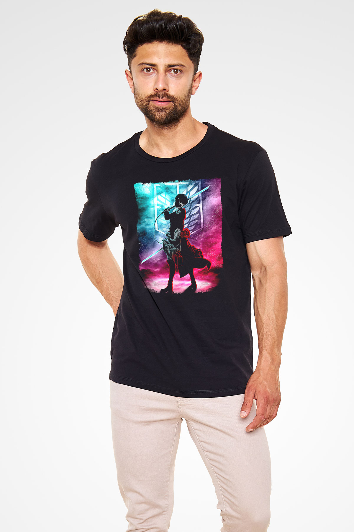 Attack On Titan Baskılı Unisex Siyah Tişört - Tshirt