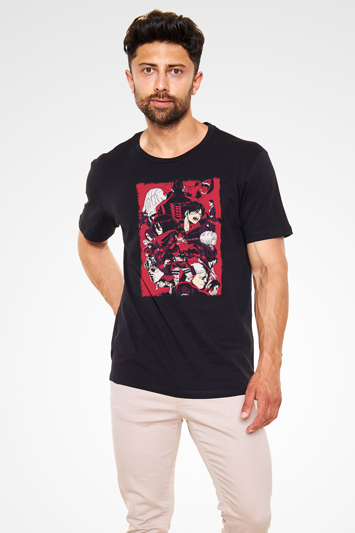 Attack On Titan Baskılı Unisex Siyah Tişört - Tshirt