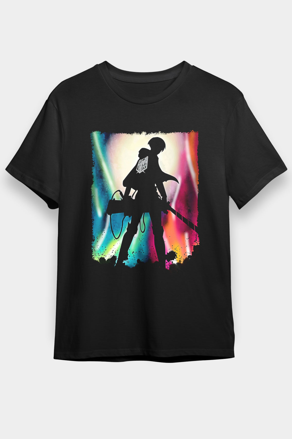 Attack On Titan Baskılı Unisex Siyah Tişört - Tshirt