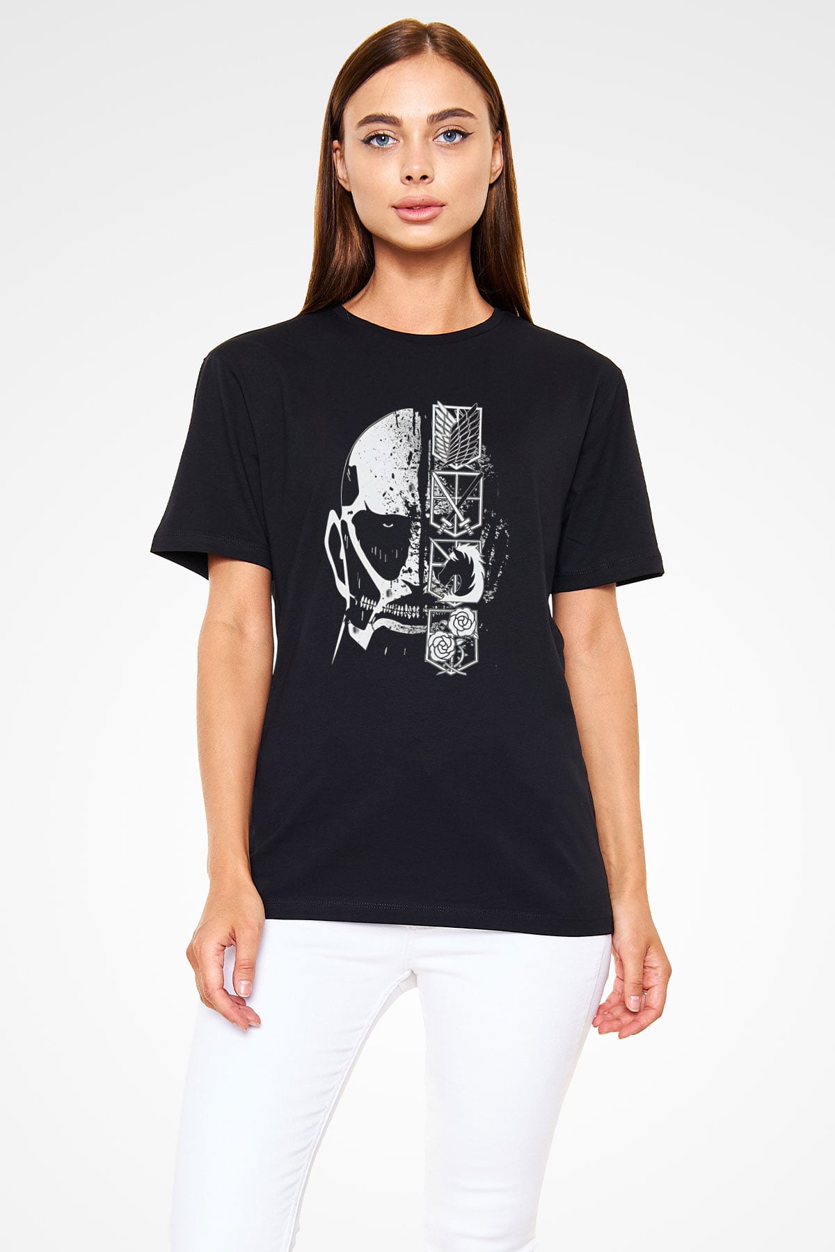 Attack On Titan Baskılı Unisex Siyah Tişört - Tshirt