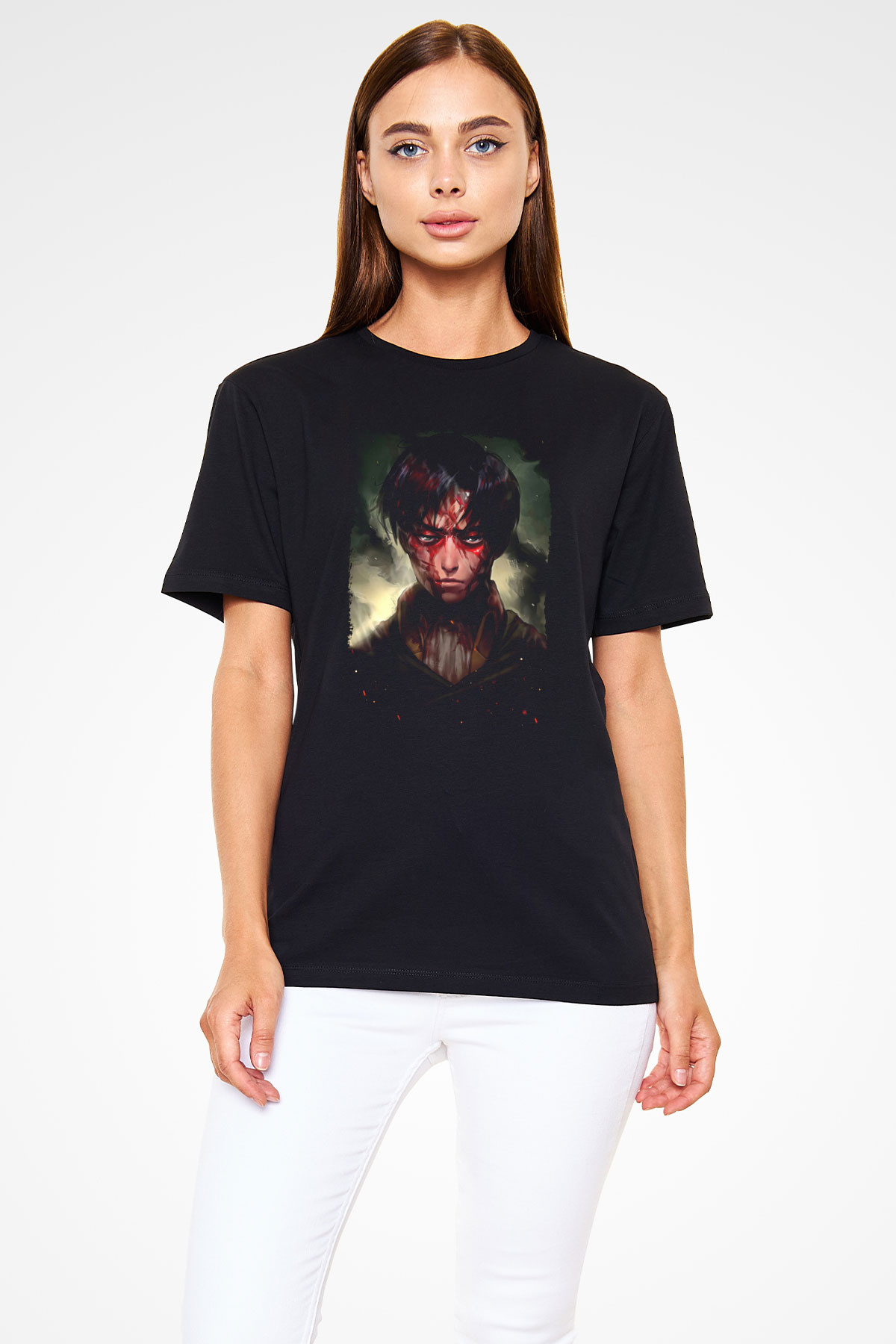 Attack On Titan Baskılı Unisex Siyah Tişört - Tshirt