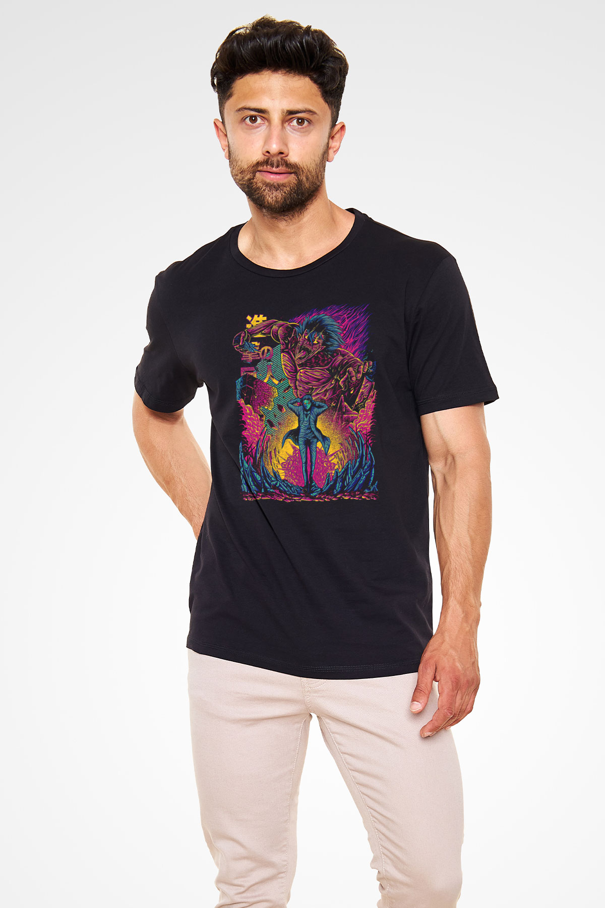 Attack On Titan Baskılı Unisex Siyah Tişört - Tshirt