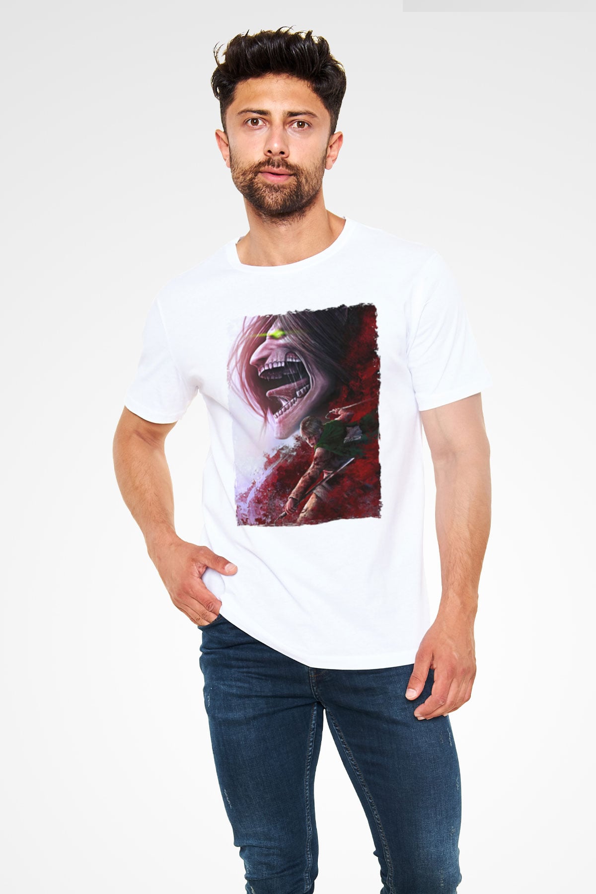 Attack On Titan Baskılı Unisex Siyah Tişört - Tshirt