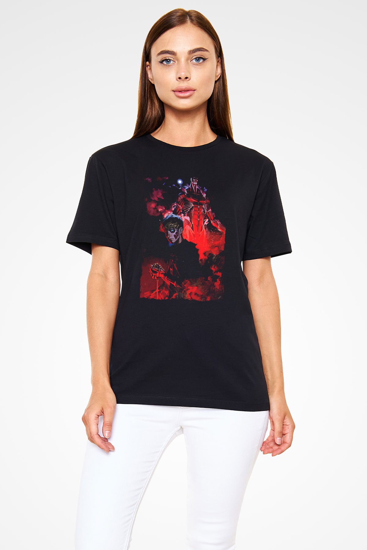 Attack On Titan Baskılı Unisex Siyah Tişört - Tshirt