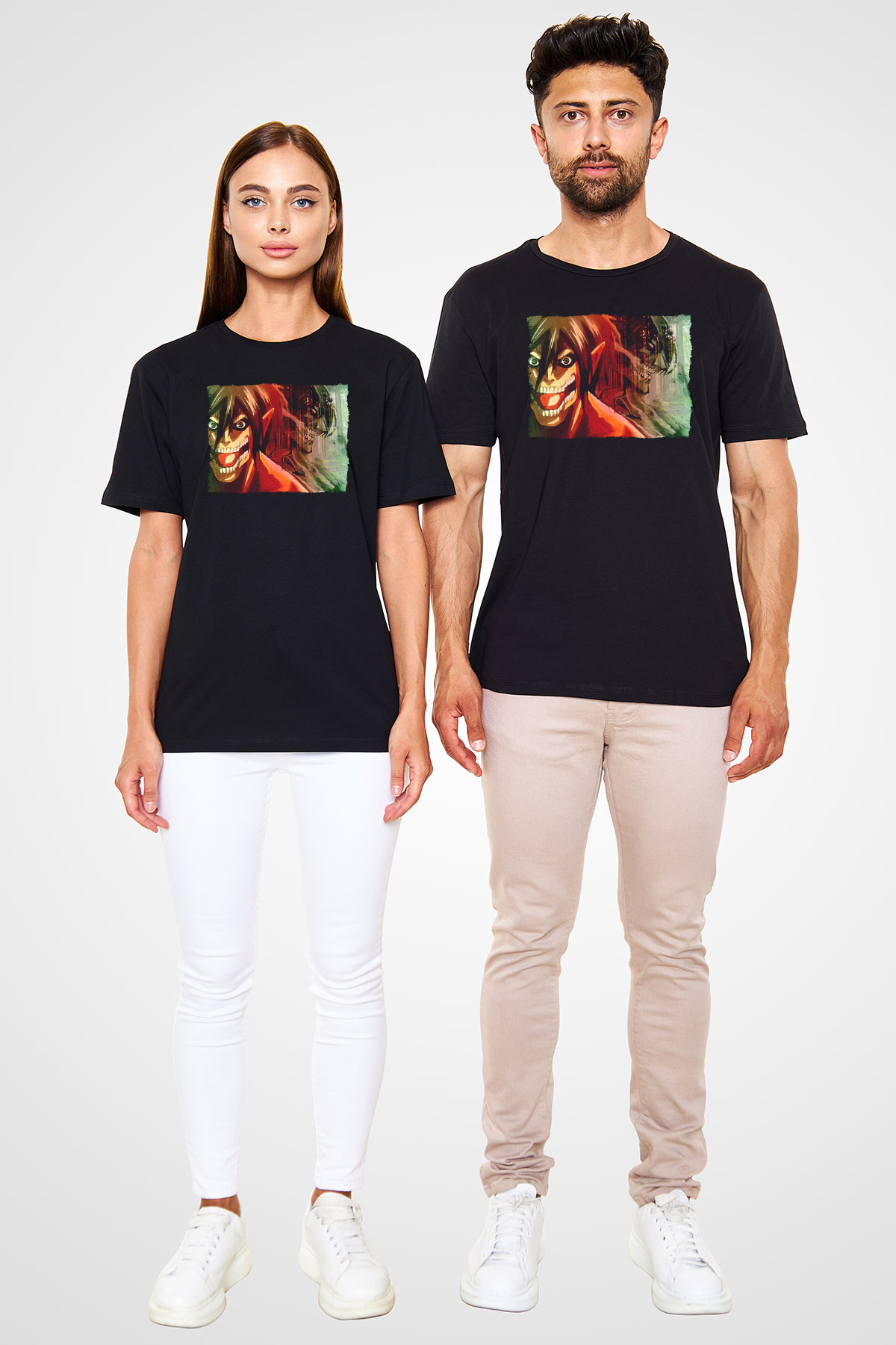 Attack On Titan Baskılı Unisex Siyah Tişört - Tshirt