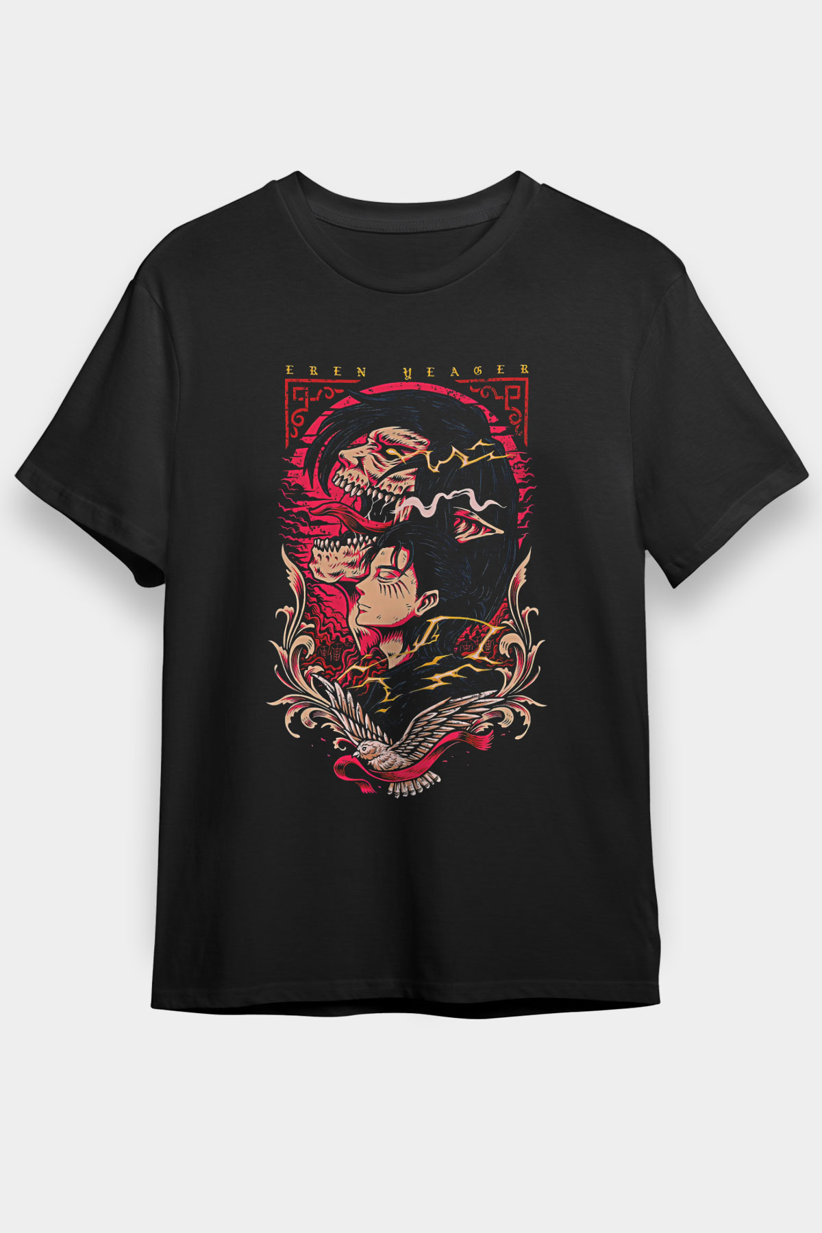 Attack On Titan Baskılı Unisex Siyah Tişört - Tshirt
