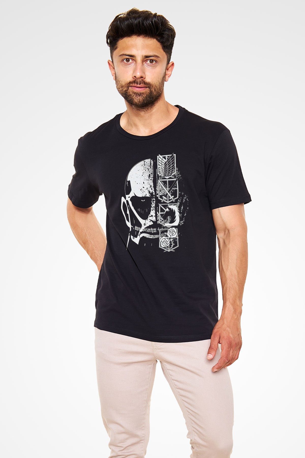 Attack On Titan Baskılı Unisex Siyah Tişört - Tshirt