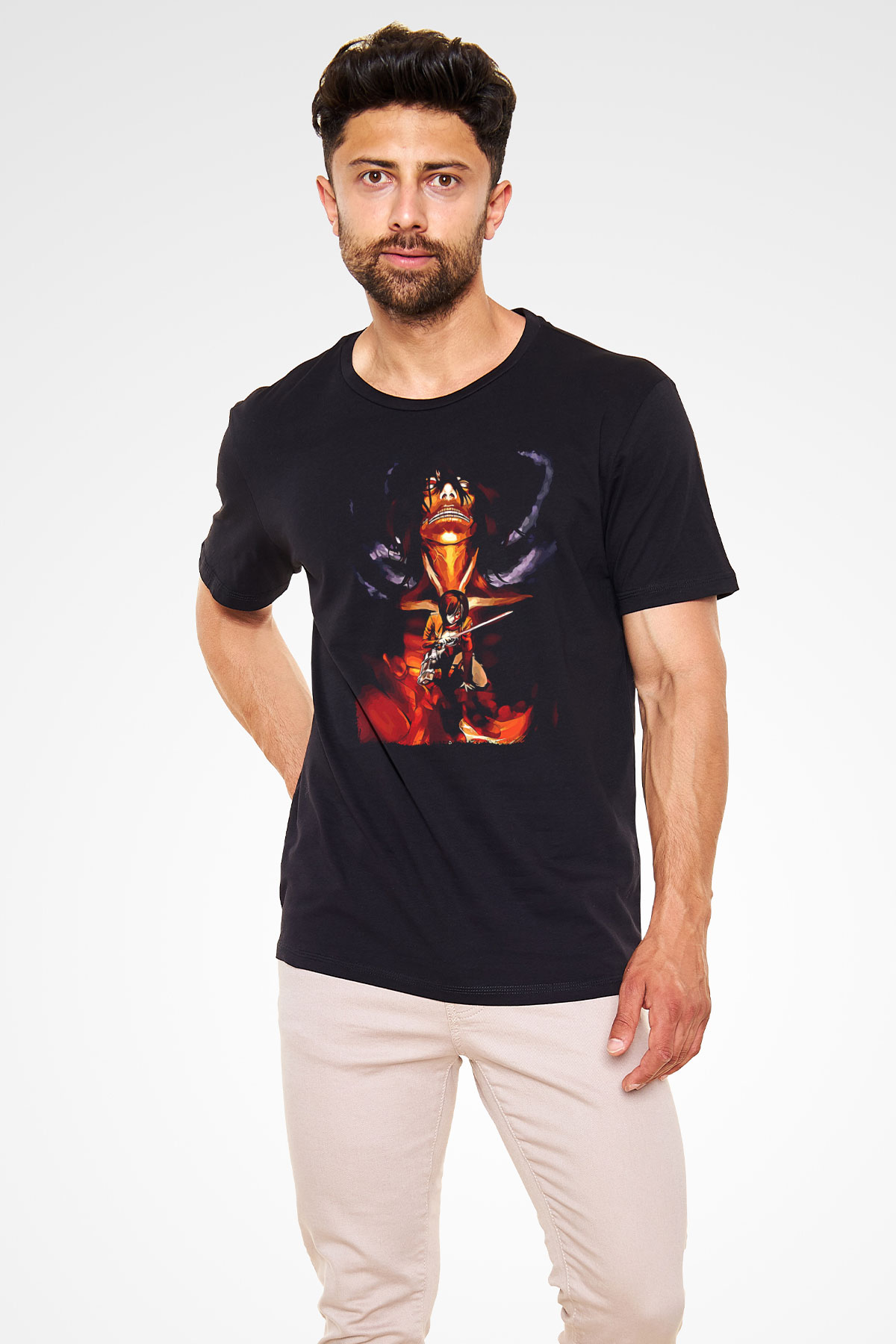 Attack On Titan Baskılı Unisex Siyah Tişört - Tshirt