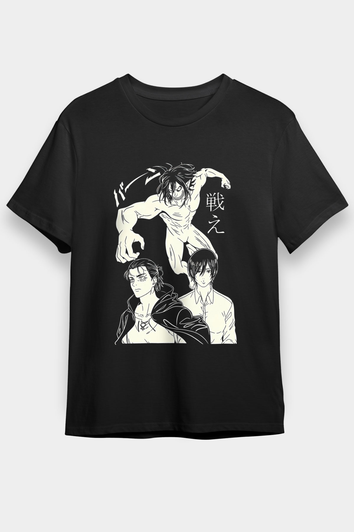 Attack On Titan Baskılı Unisex Siyah Tişört - Tshirt