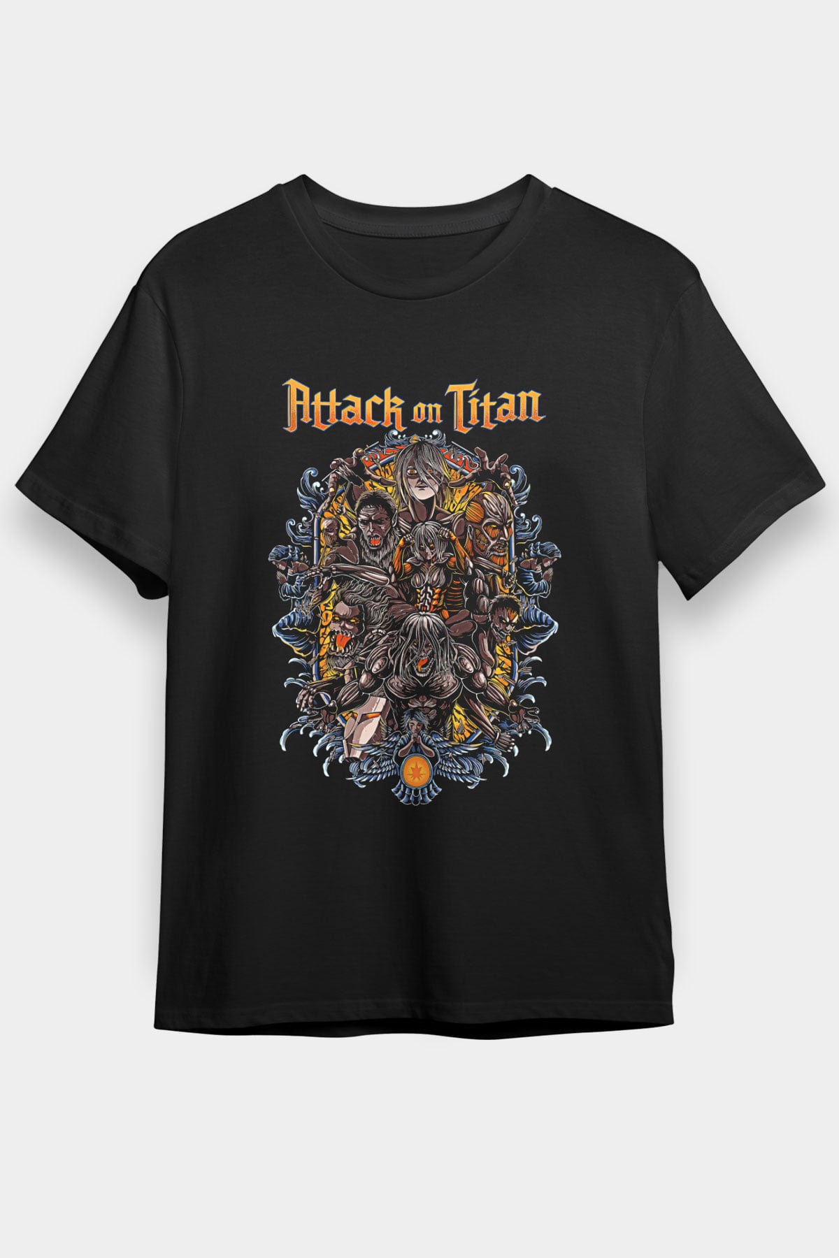 Attack On Titan Baskılı Unisex Siyah Tişört - Tshirt