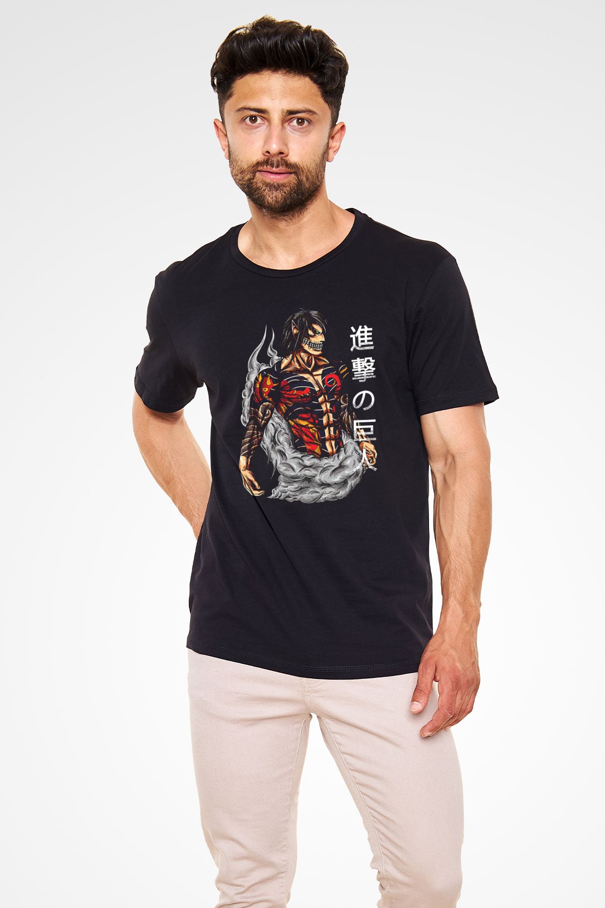 Attack On Titan Baskılı Unisex Siyah Tişört - Tshirt