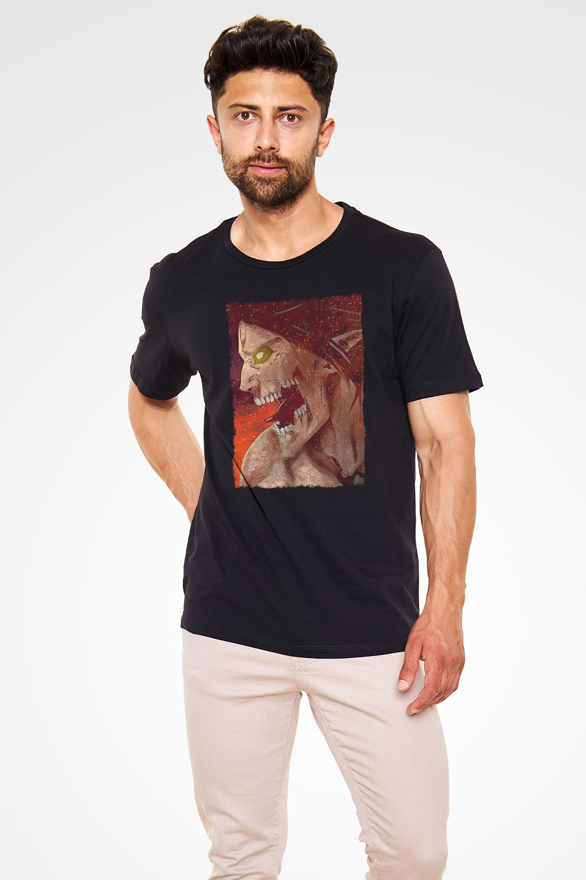 Attack On Titan Baskılı Unisex Siyah Tişört - Tshirt