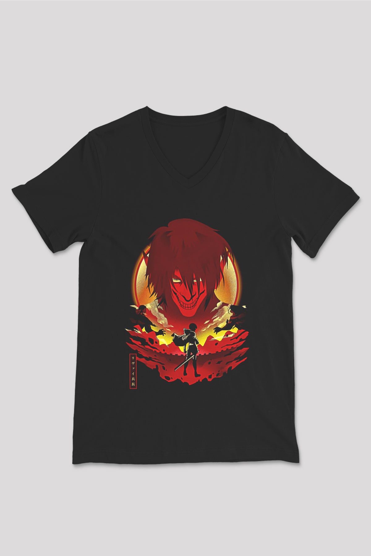 Attack On Titan Baskılı Unisex Siyah V Yaka Tişört - Tshirt