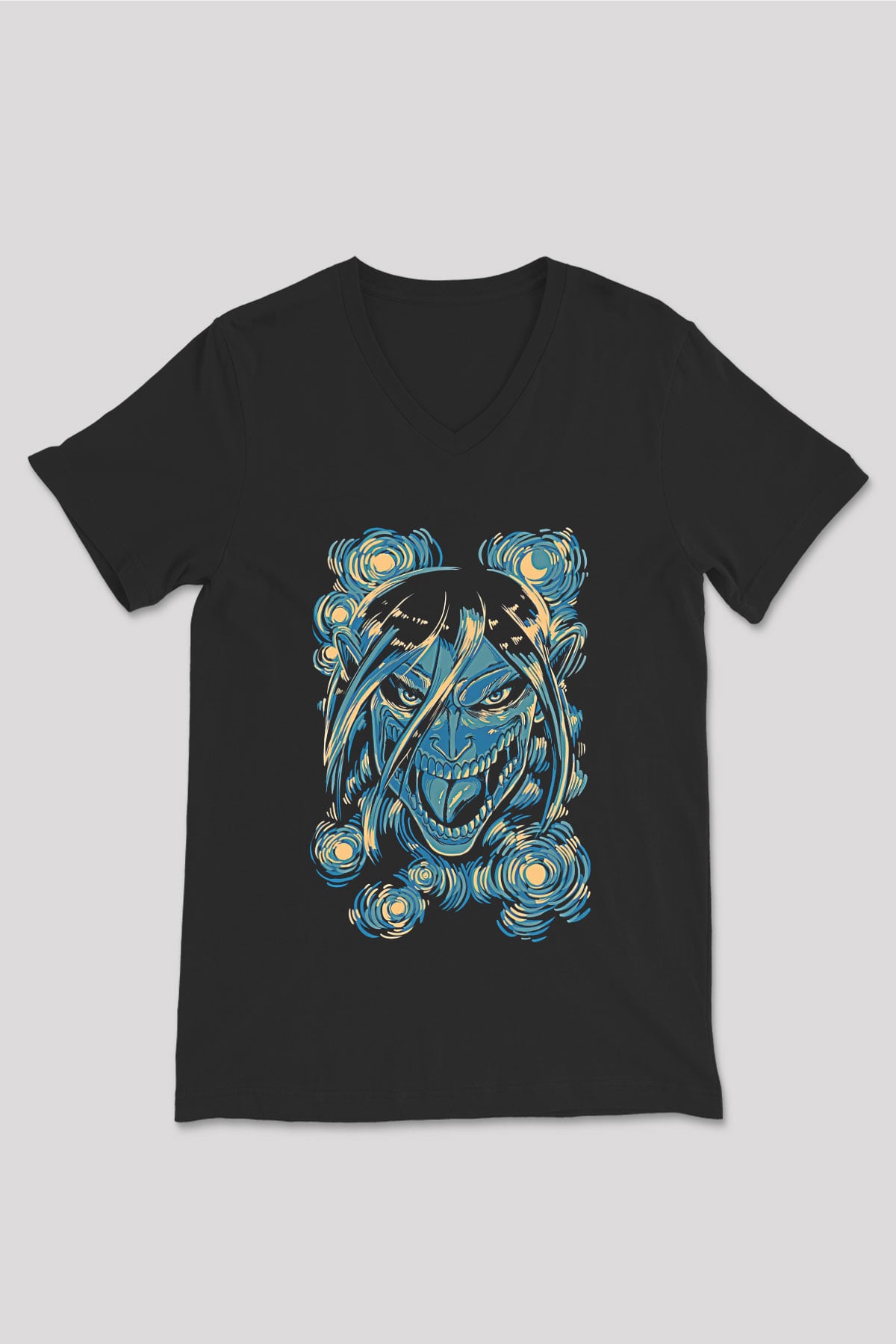Attack On Titan Baskılı Unisex Siyah V Yaka Tişört - Tshirt