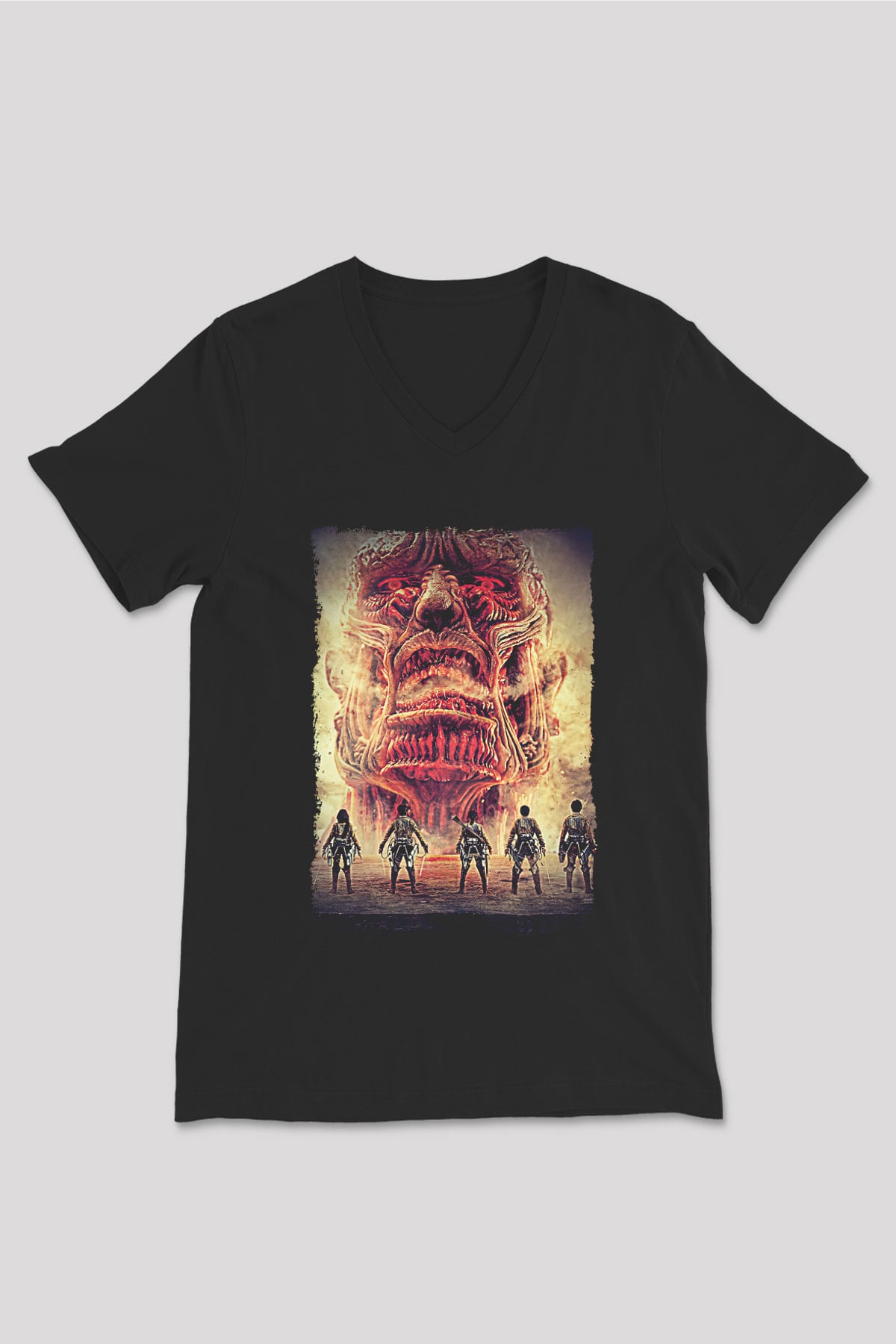 Attack On Titan Baskılı Unisex Siyah V Yaka Tişört - Tshirt