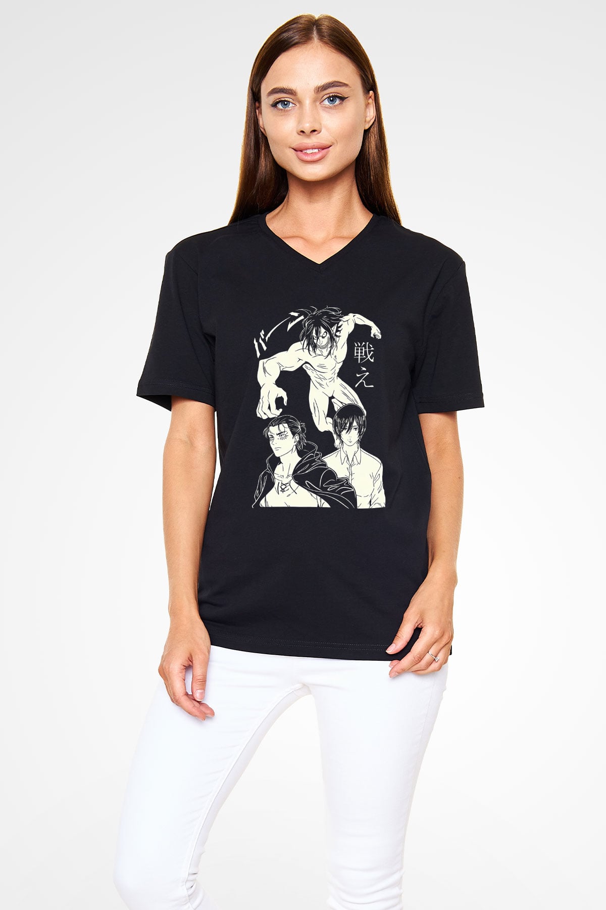 Attack On Titan Baskılı Unisex Siyah V Yaka Tişört - Tshirt