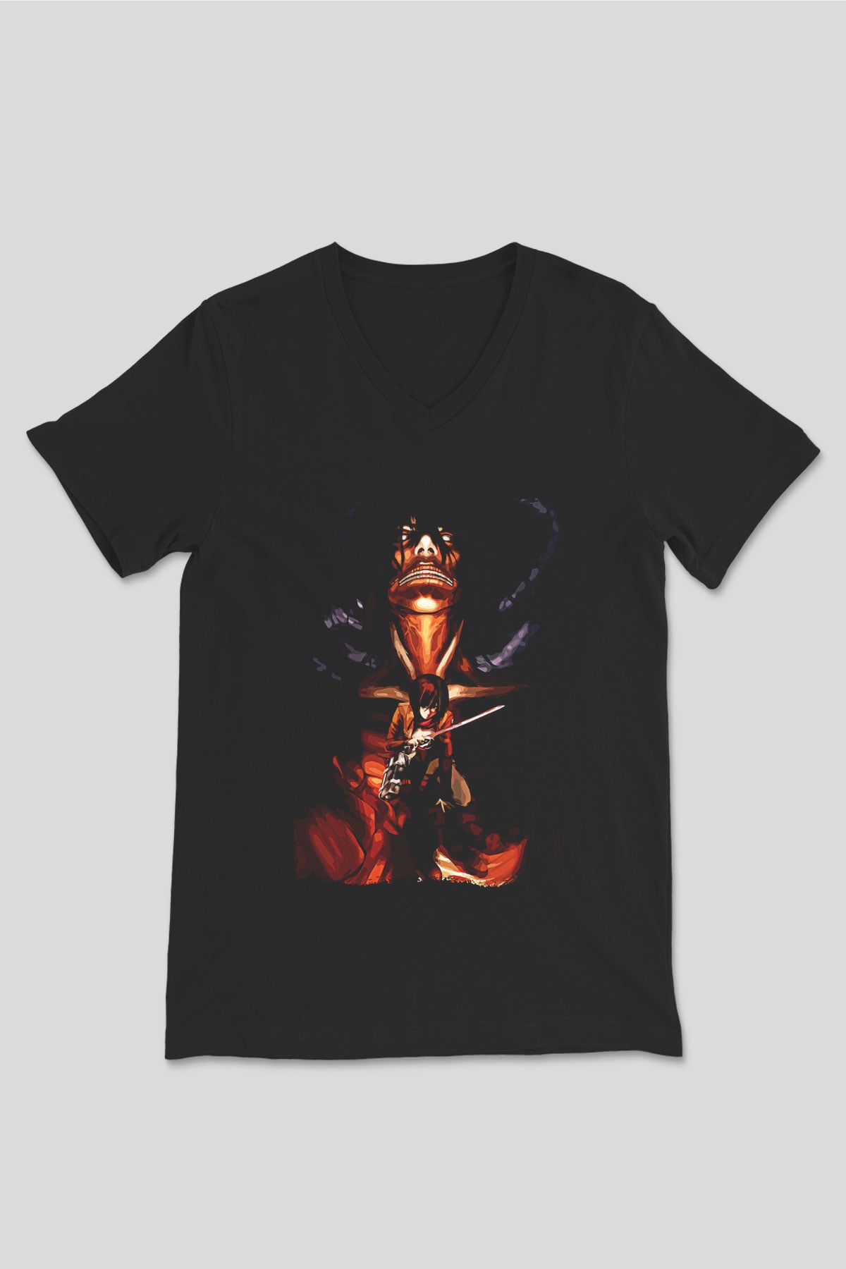 Attack On Titan Baskılı Unisex Siyah V Yaka Tişört - Tshirt