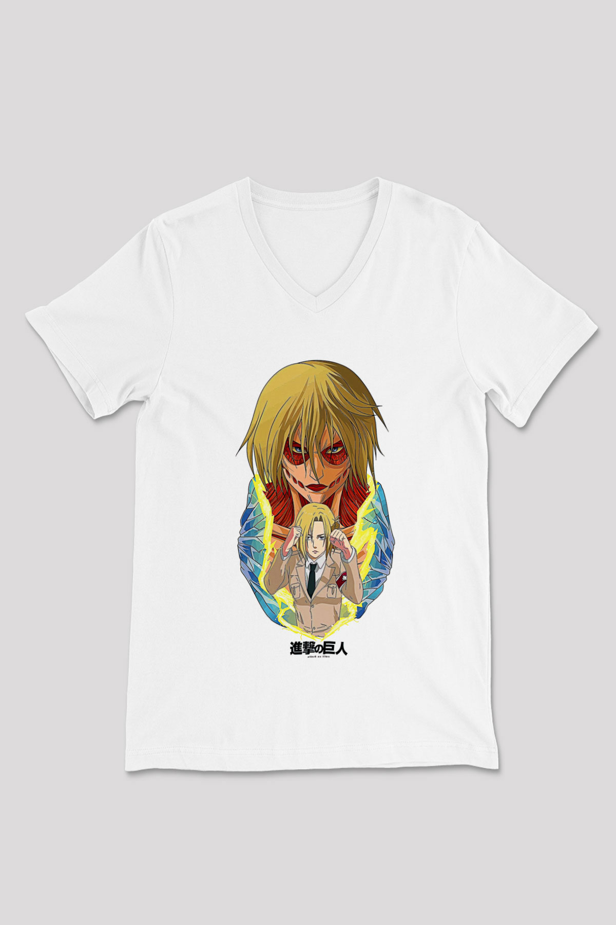 Attack On Titan Baskılı Unisex Siyah V Yaka Tişört - Tshirt