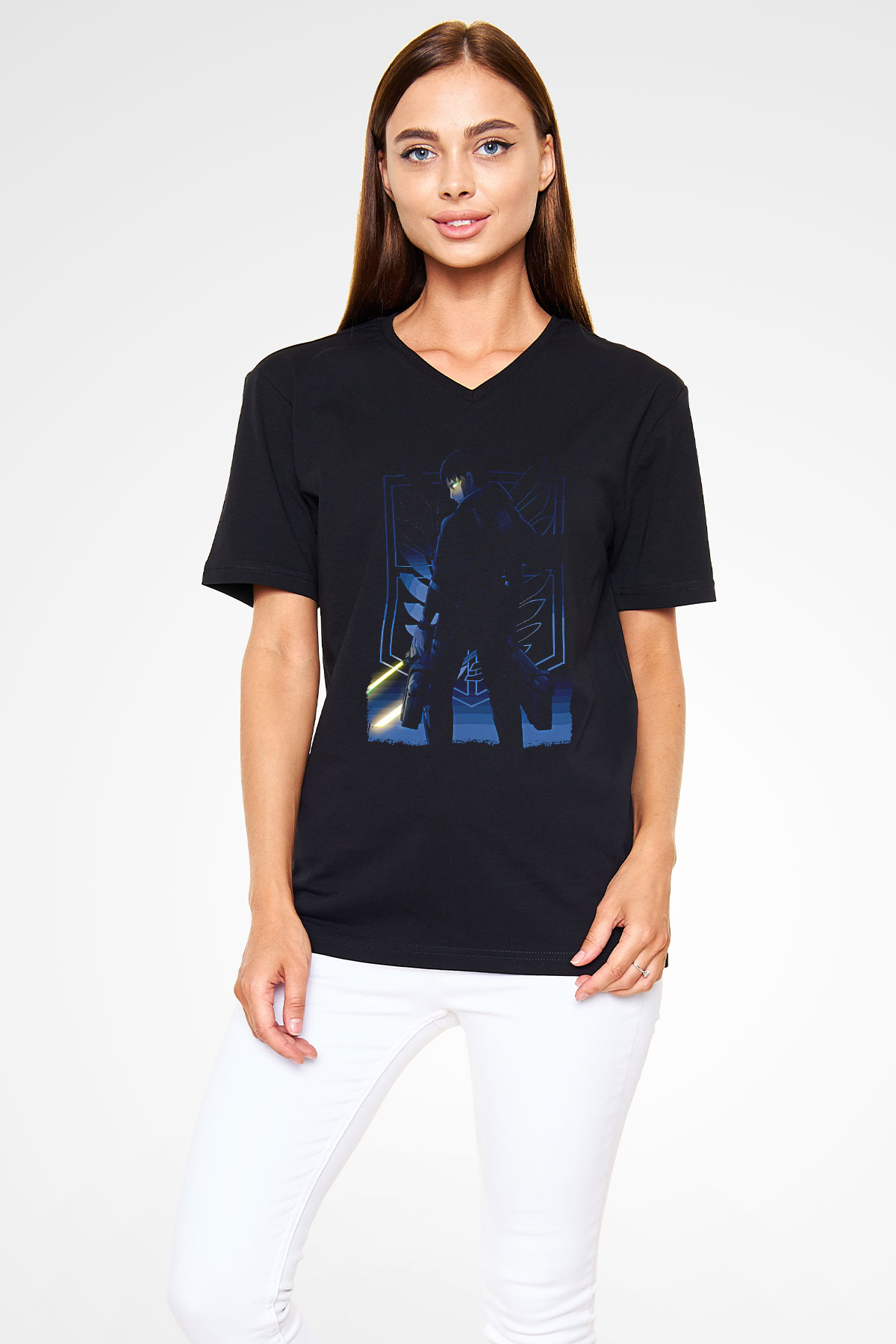 Attack On Titan Baskılı Unisex Siyah V Yaka Tişört - Tshirt