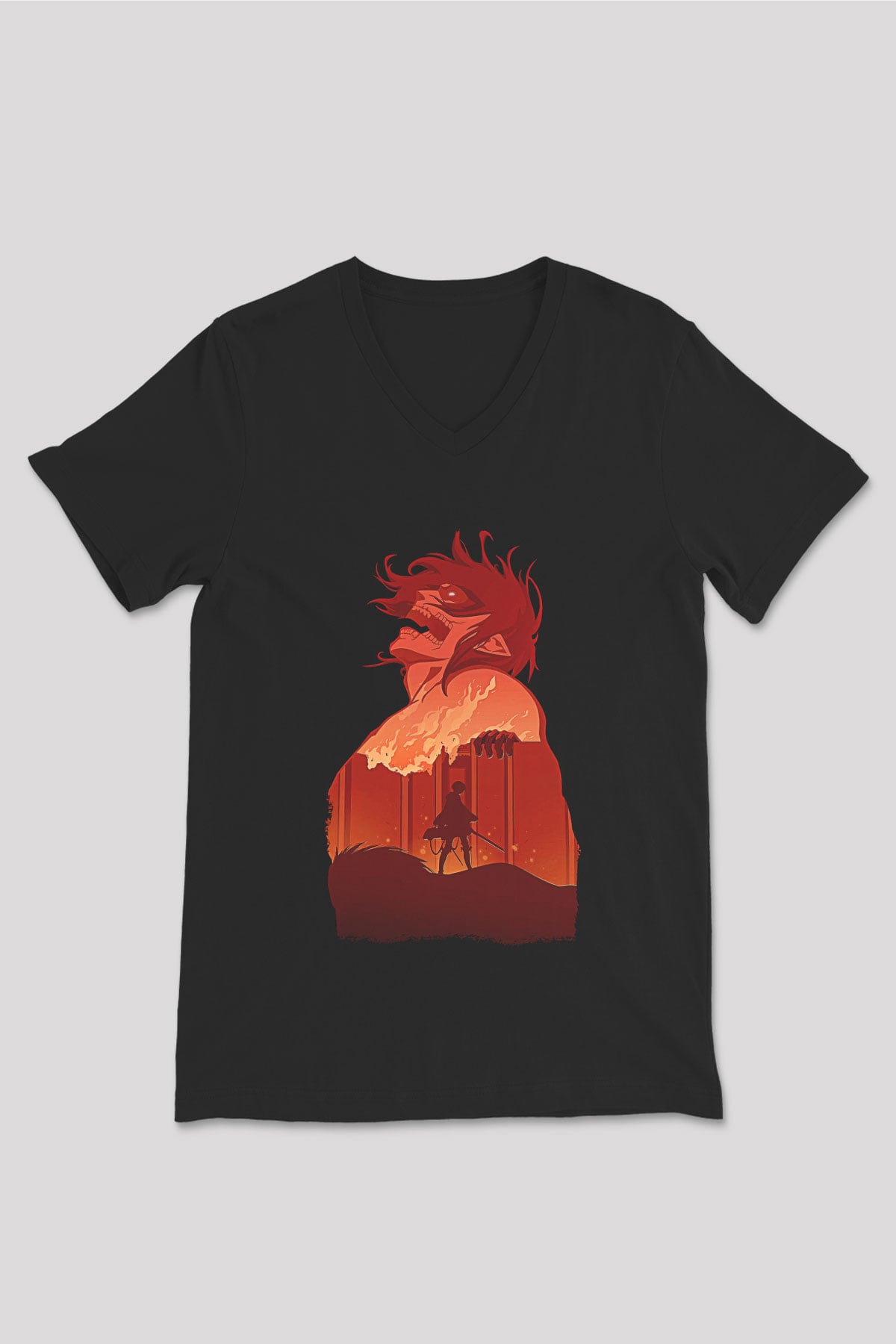 Attack On Titan Baskılı Unisex Siyah V Yaka Tişört - Tshirt
