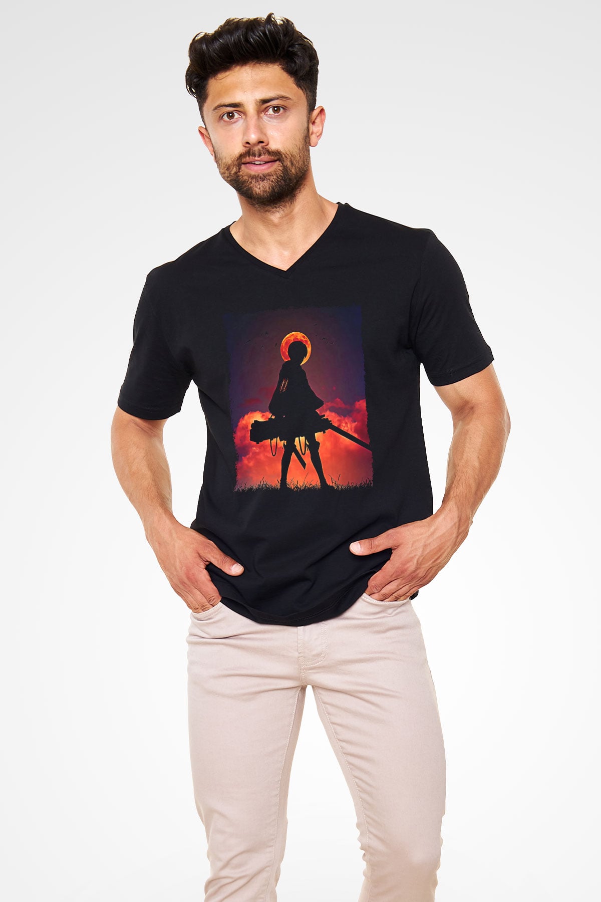 Attack On Titan Baskılı Unisex Siyah V Yaka Tişört - Tshirt