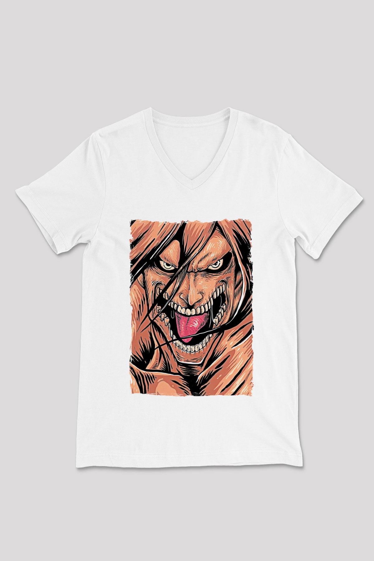 Attack On Titan Baskılı Unisex Siyah V Yaka Tişört - Tshirt