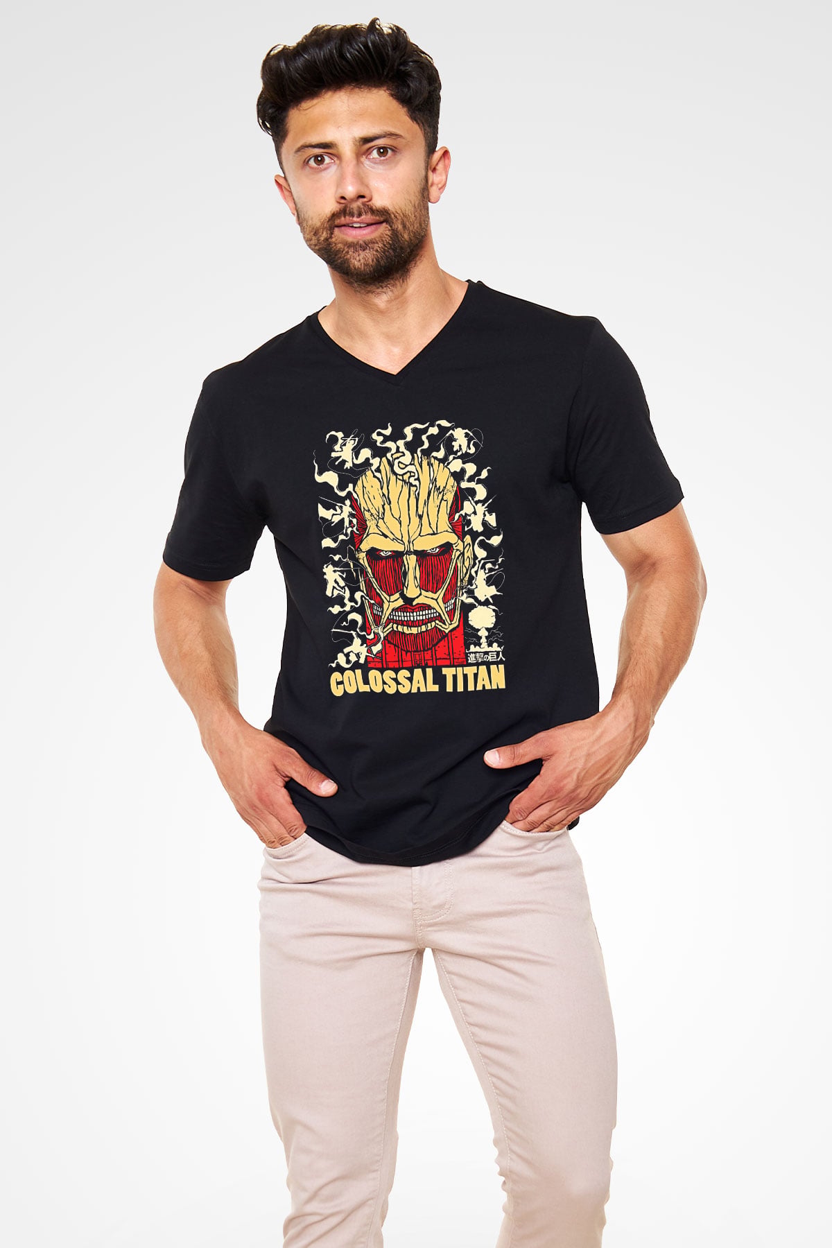 Attack On Titan Baskılı Unisex Siyah V Yaka Tişört - Tshirt