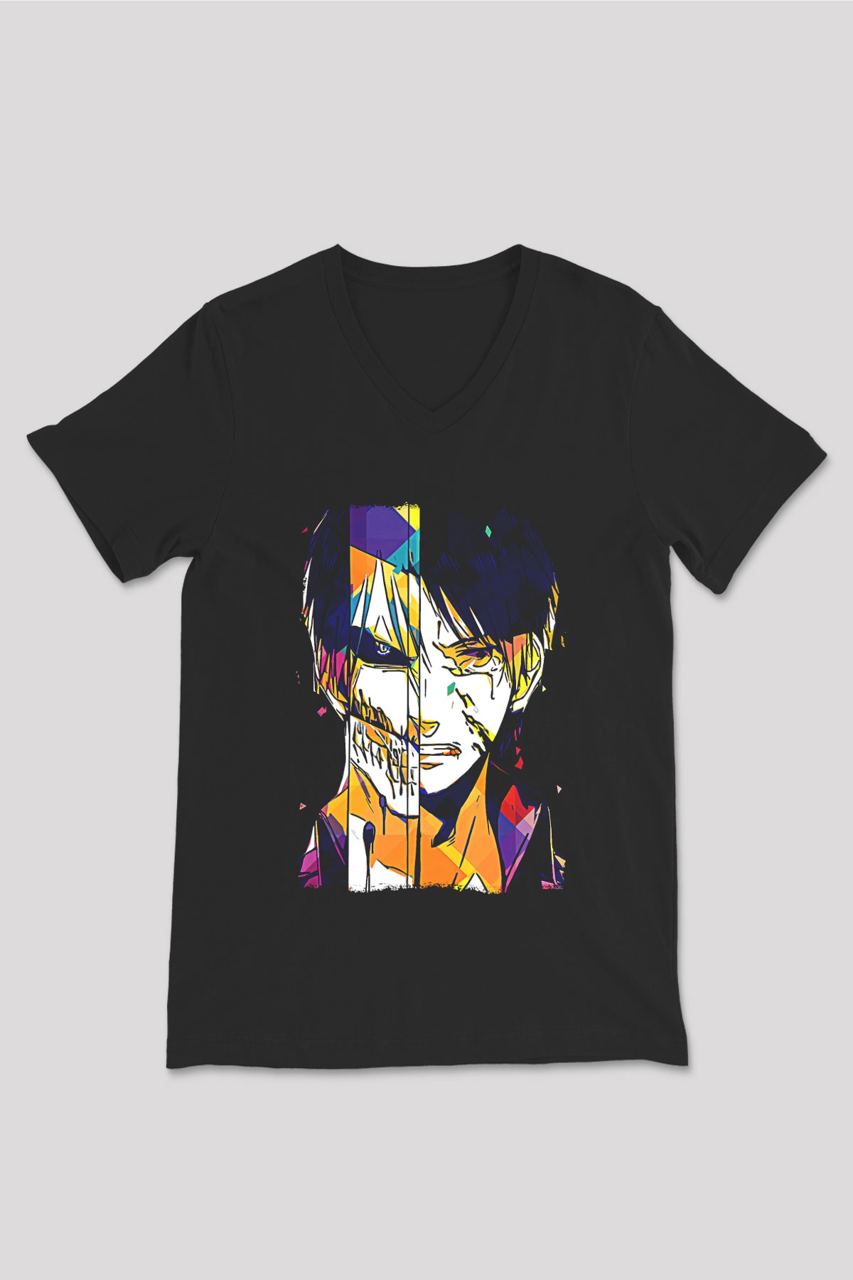 Attack On Titan Baskılı Unisex Siyah V Yaka Tişört - Tshirt