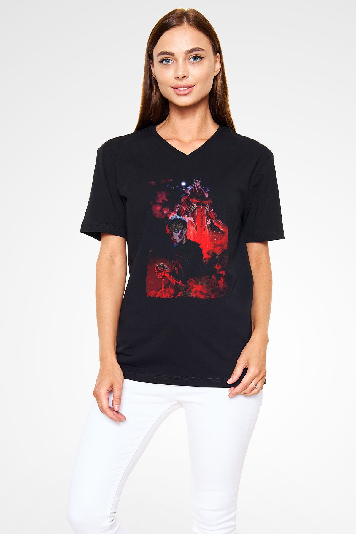 Attack On Titan Baskılı Unisex Siyah V Yaka Tişört - Tshirt