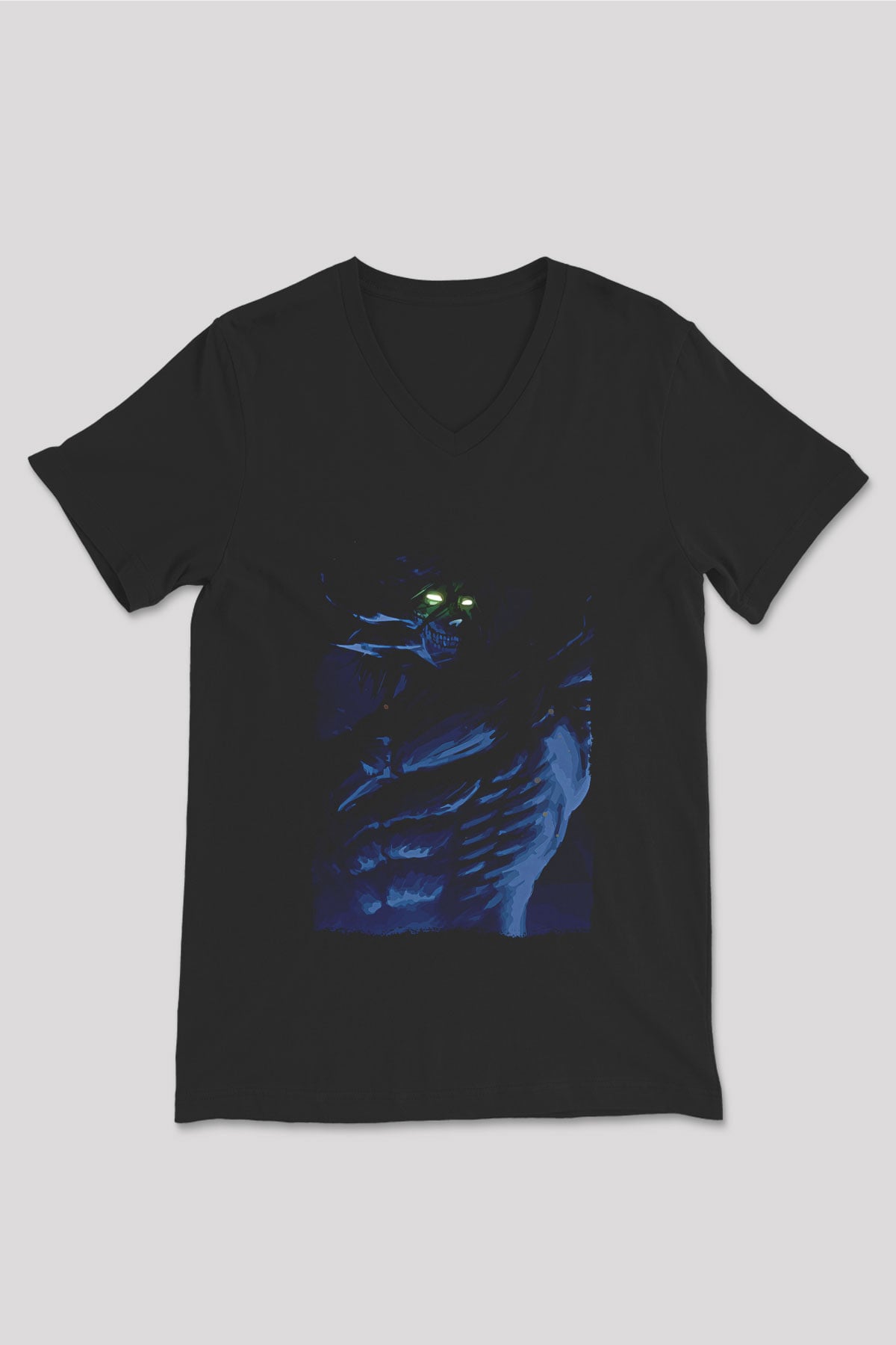 Attack On Titan Baskılı Unisex Siyah V Yaka Tişört - Tshirt