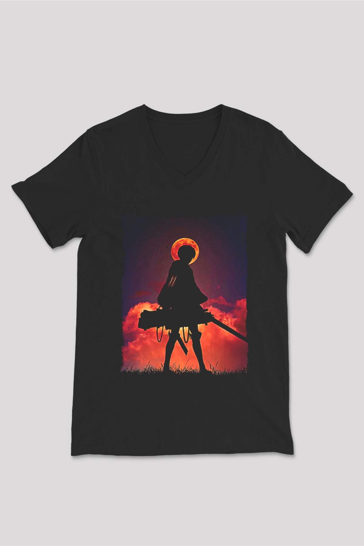 Attack On Titan Baskılı Unisex Siyah V Yaka Tişört - Tshirt