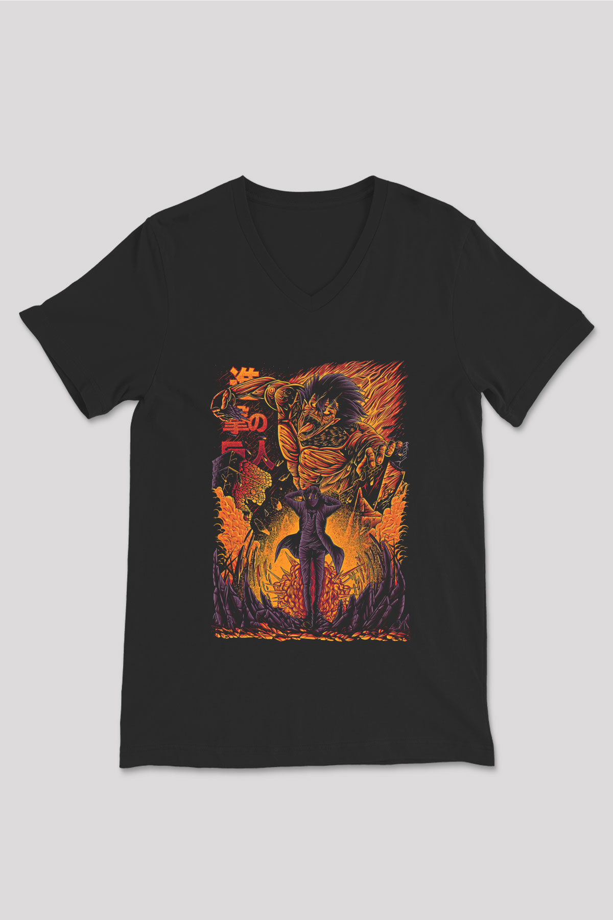 Attack On Titan Baskılı Unisex Siyah V Yaka Tişört - Tshirt