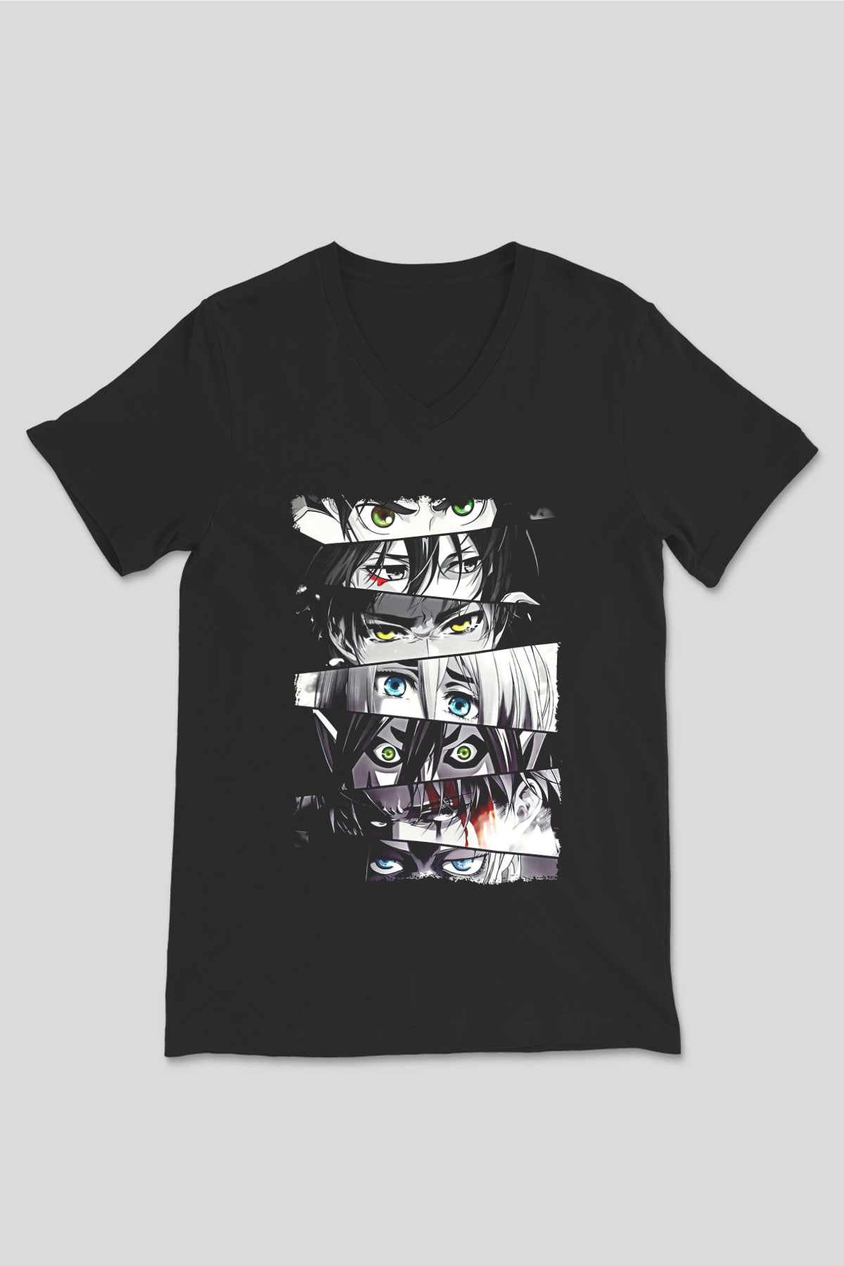 Attack On Titan Baskılı Unisex Siyah V Yaka Tişört - Tshirt