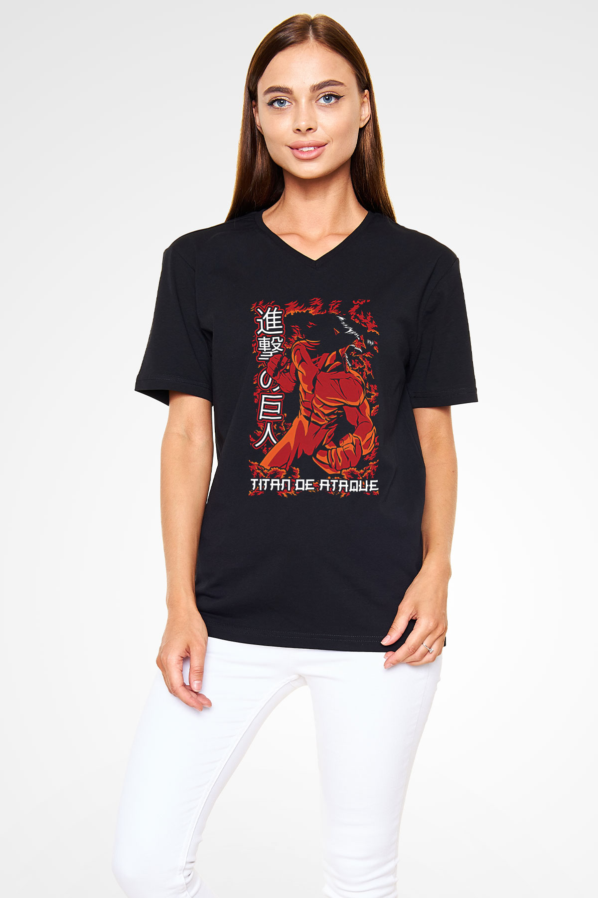 Attack On Titan Baskılı Unisex Siyah V Yaka Tişört - Tshirt