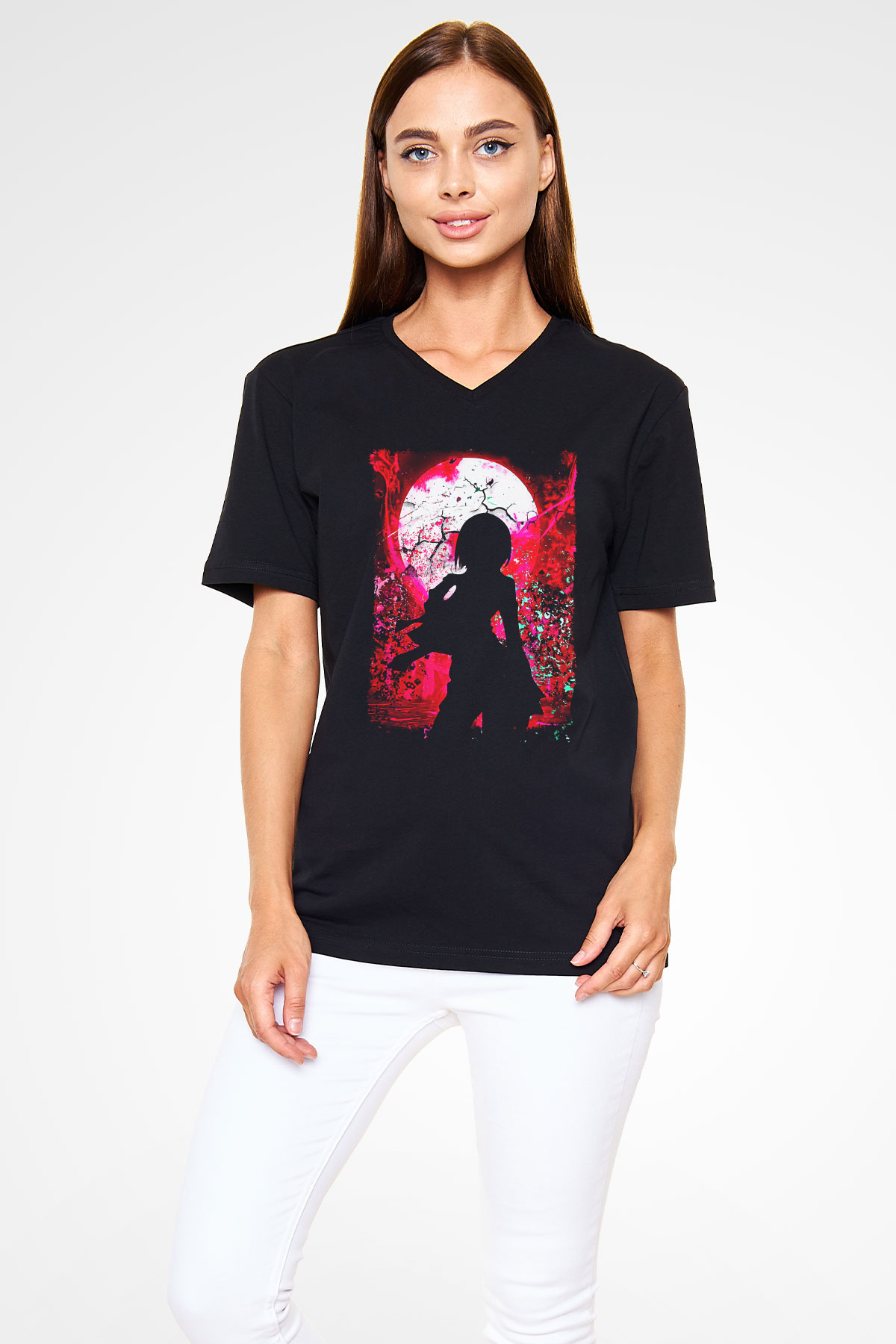 Attack On Titan Baskılı Unisex Siyah V Yaka Tişört - Tshirt