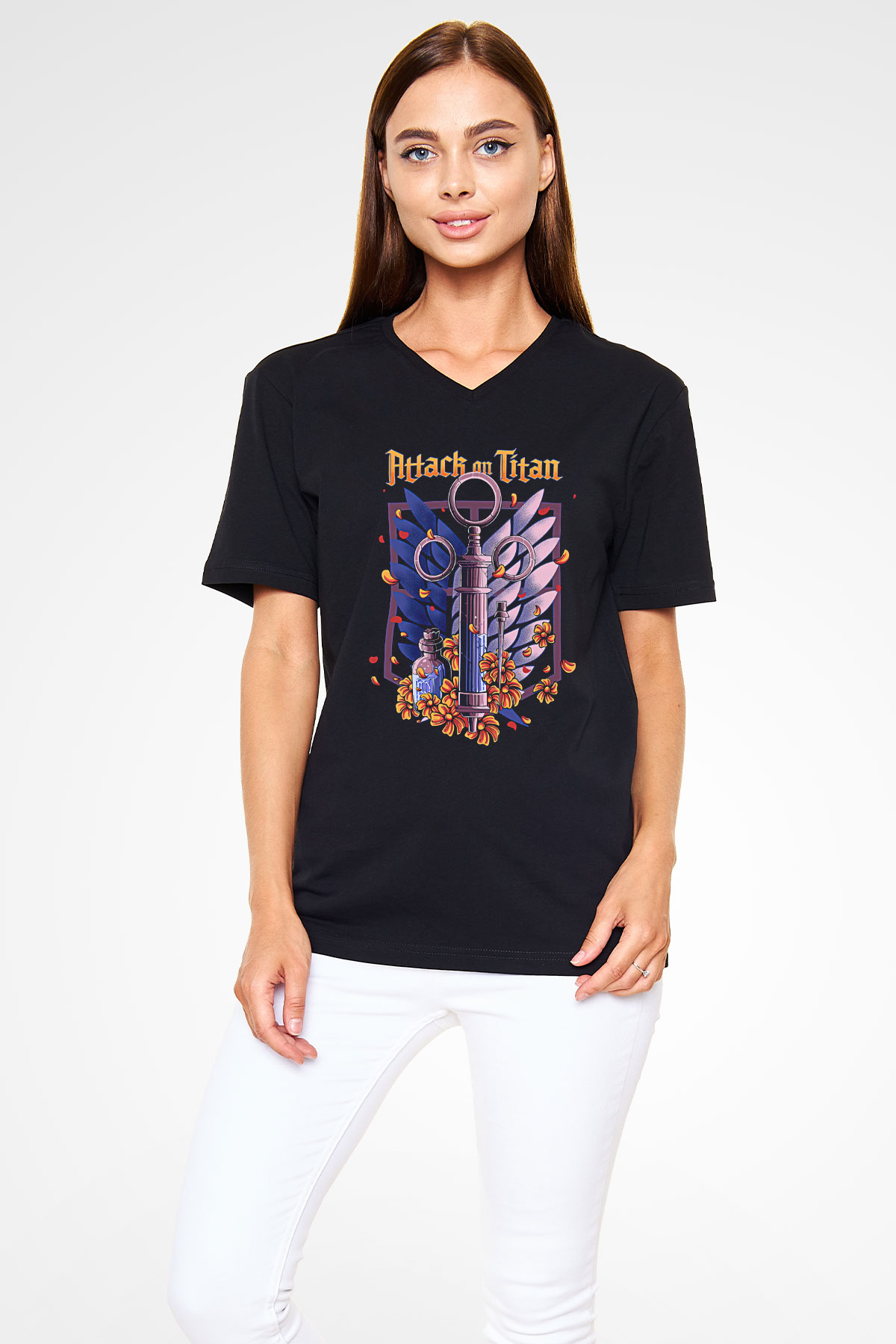 Attack On Titan Baskılı Unisex Siyah V Yaka Tişört - Tshirt