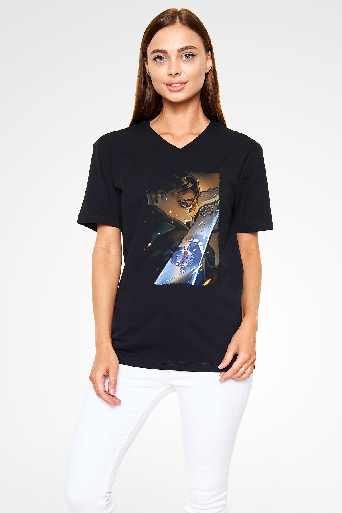 Attack On Titan Baskılı Unisex Siyah V Yaka Tişört - Tshirt
