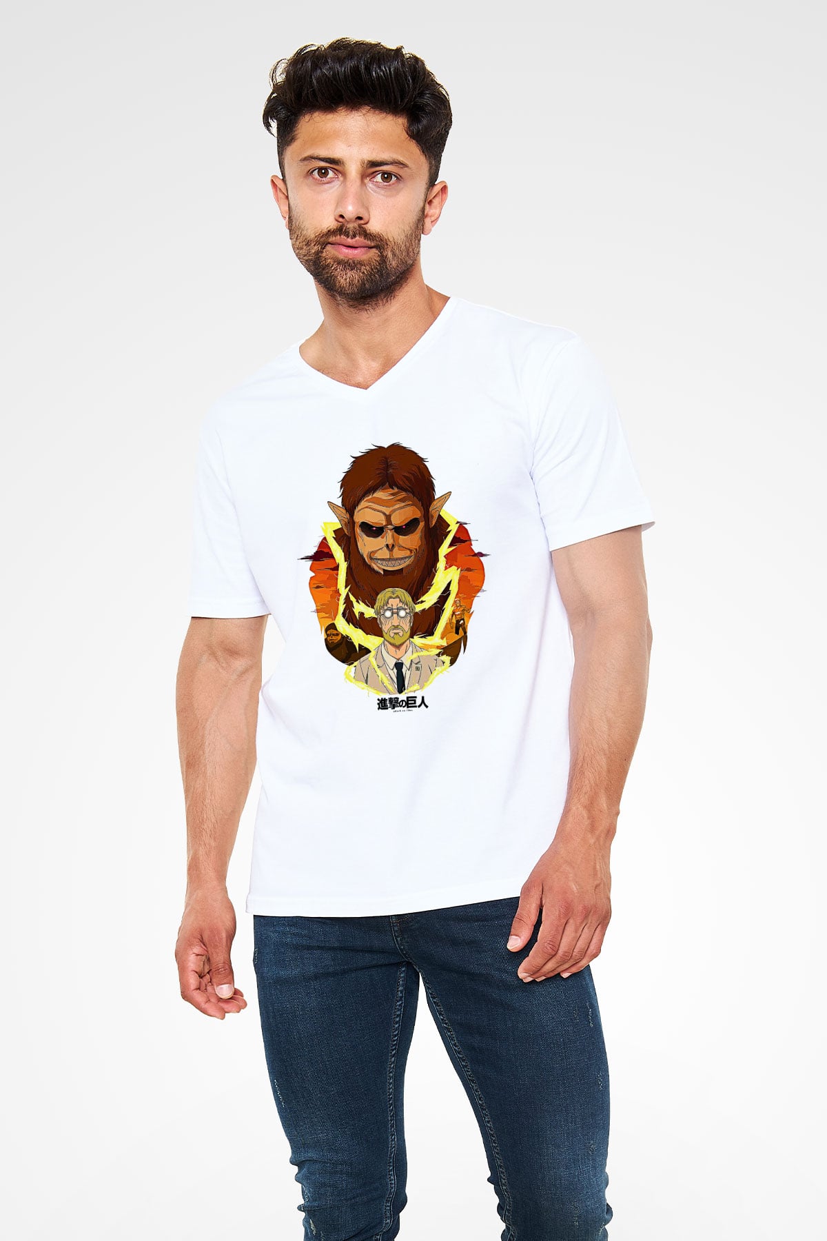 Attack On Titan Baskılı Unisex Siyah V Yaka Tişört - Tshirt