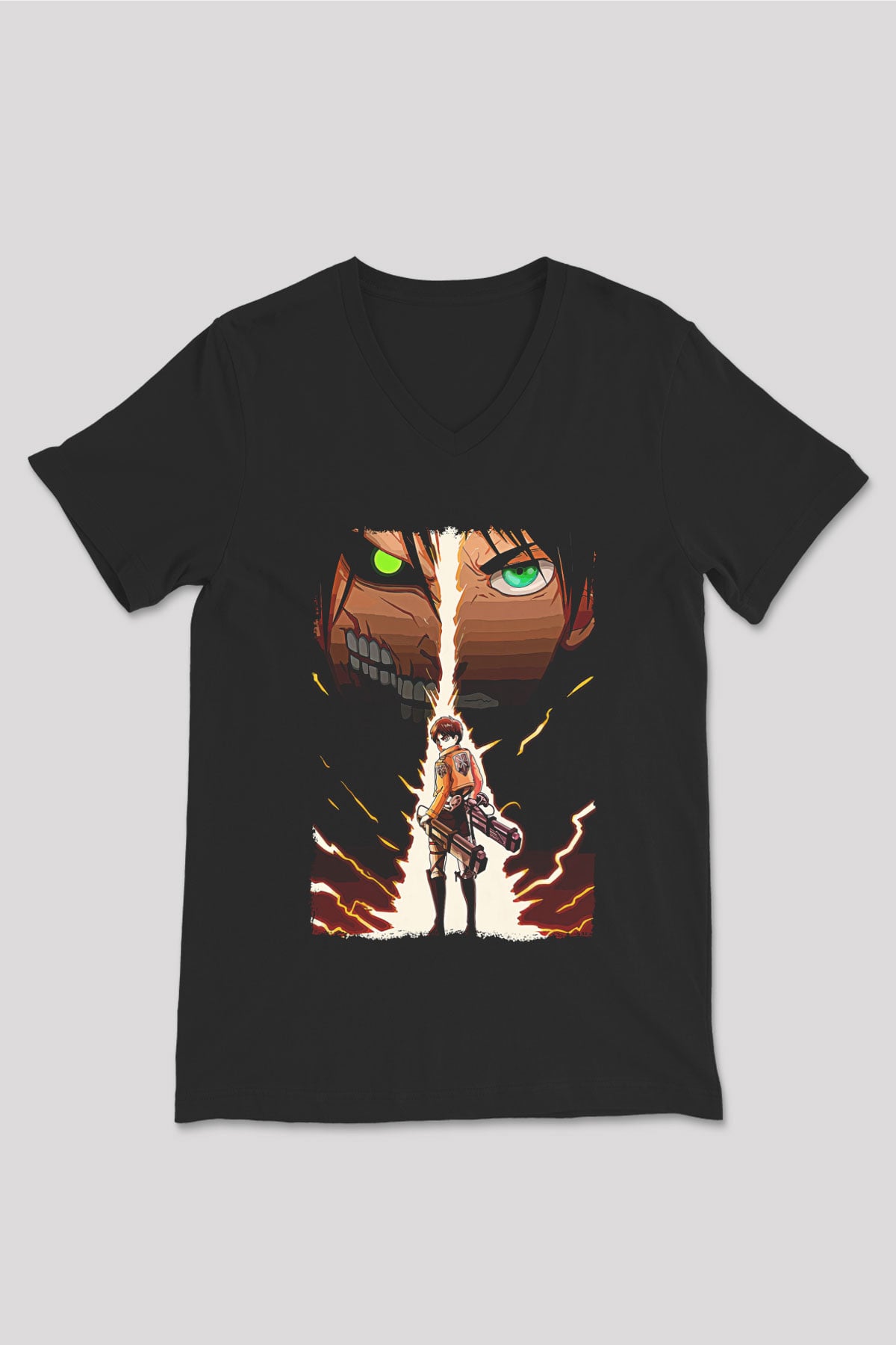 Attack On Titan Baskılı Unisex Siyah V Yaka Tişört - Tshirt