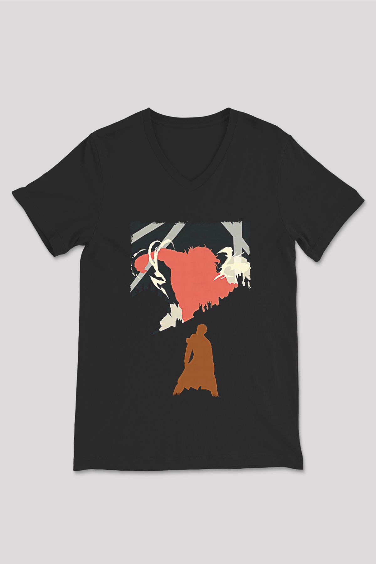 Attack On Titan Baskılı Unisex Siyah V Yaka Tişört - Tshirt