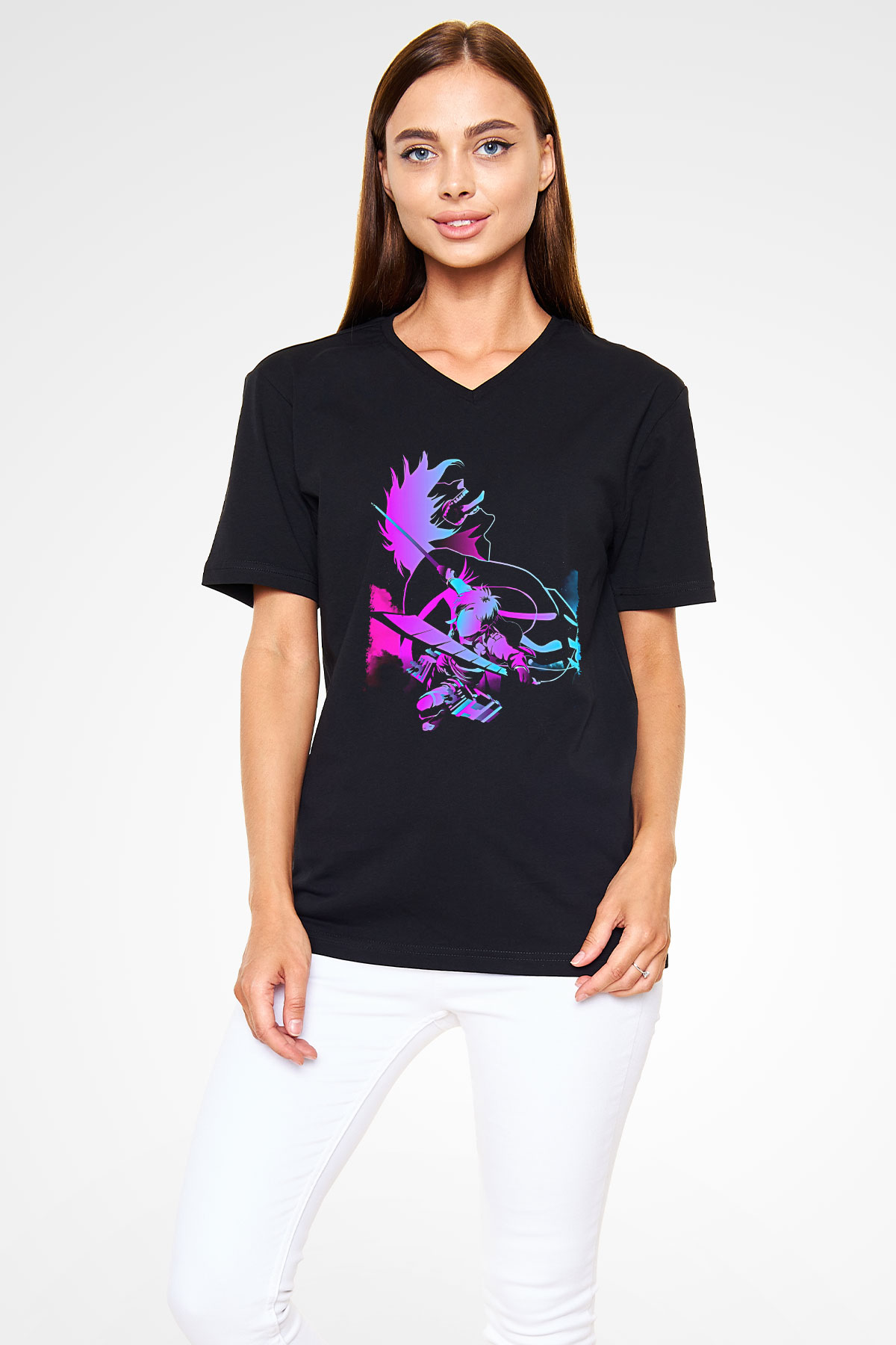 Attack On Titan Baskılı Unisex Siyah V Yaka Tişört - Tshirt