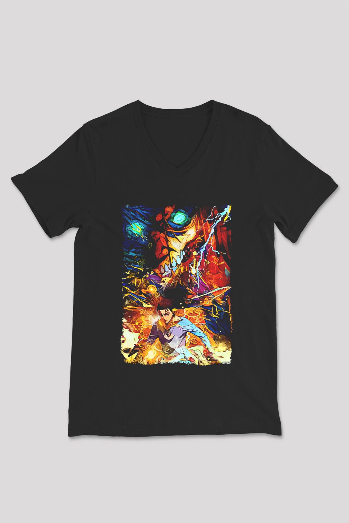 Attack On Titan Baskılı Unisex Siyah V Yaka Tişört - Tshirt