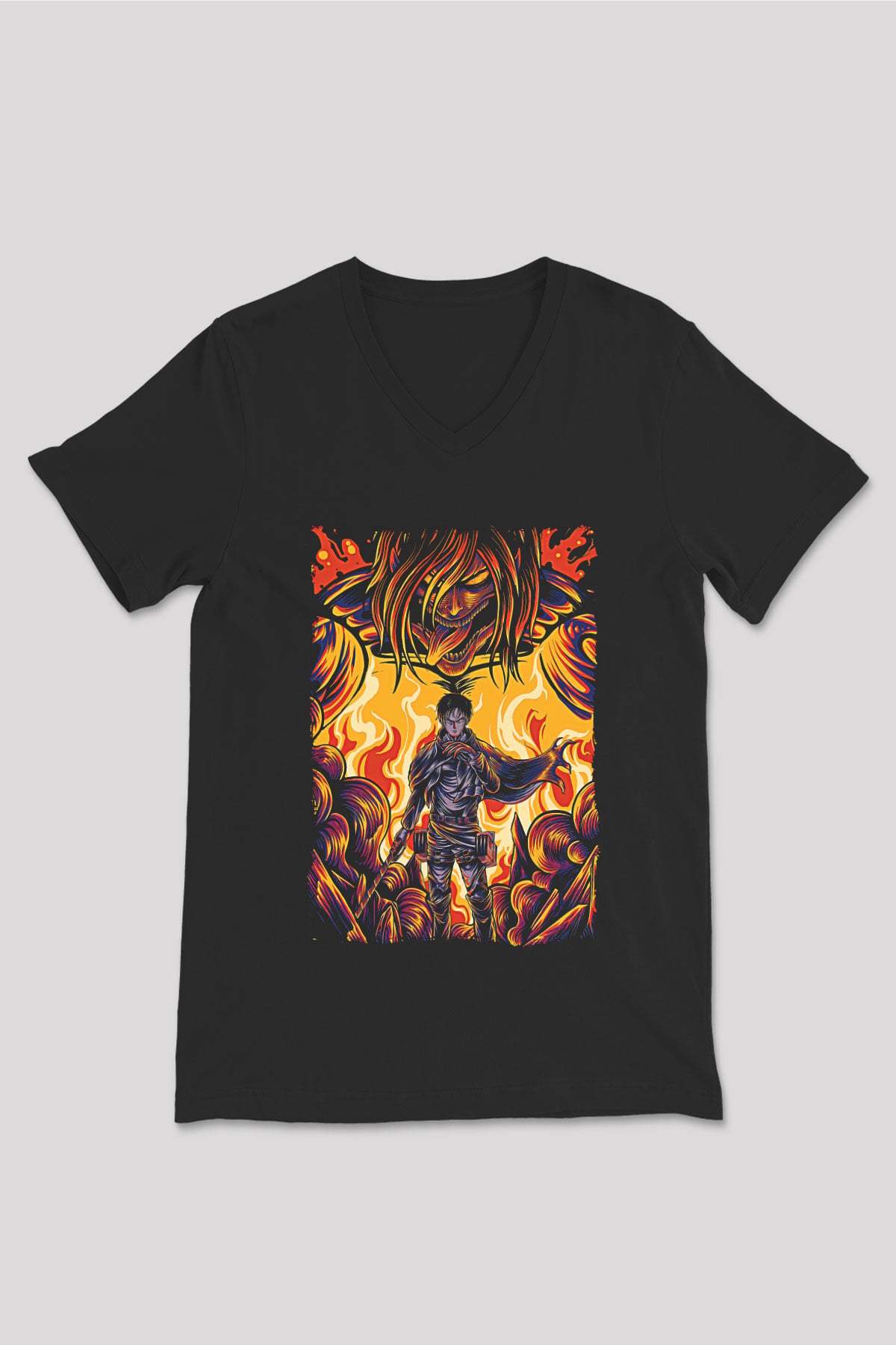 Attack On Titan Baskılı Unisex Siyah V Yaka Tişört - Tshirt