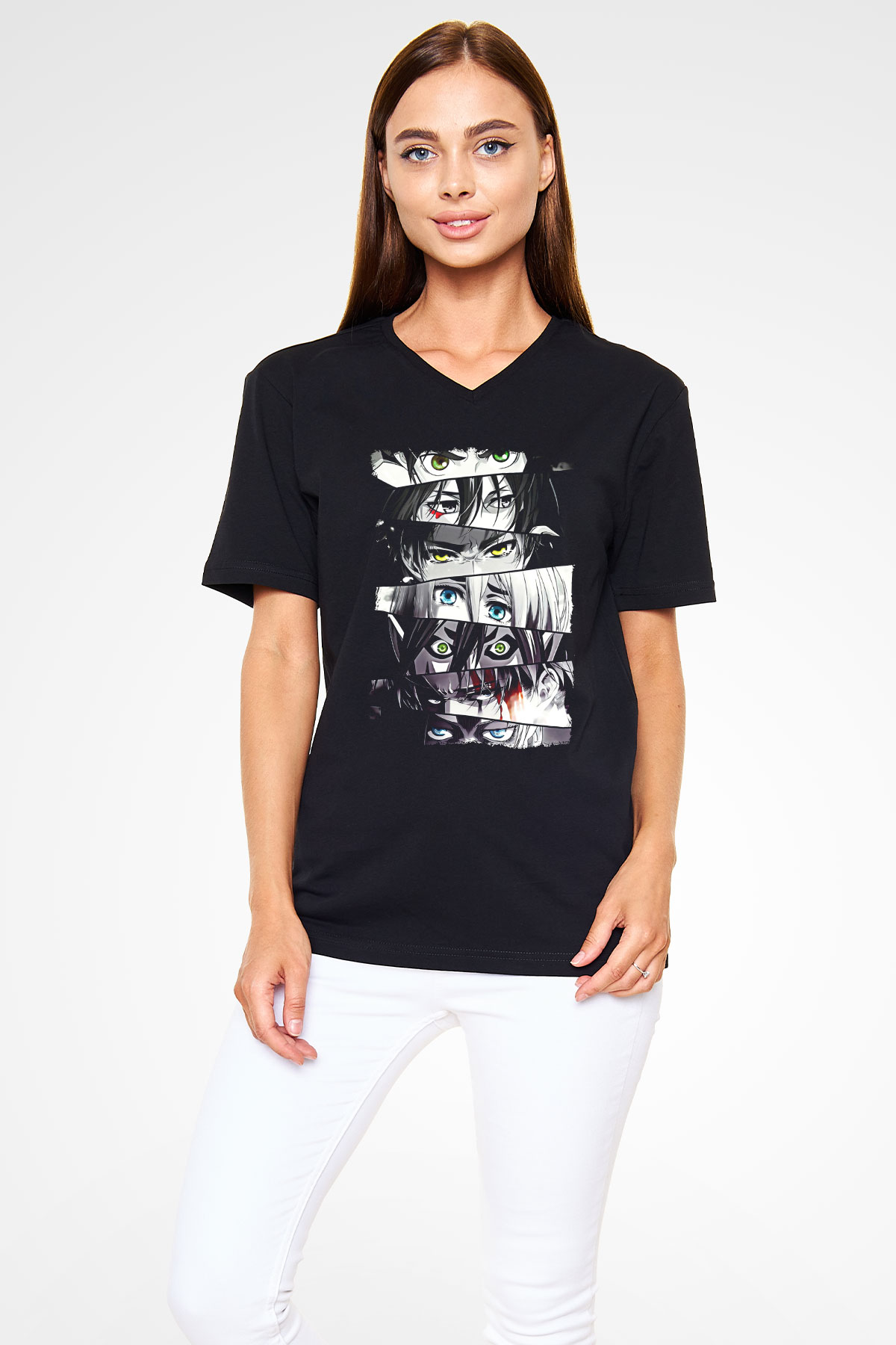 Attack On Titan Baskılı Unisex Siyah V Yaka Tişört - Tshirt