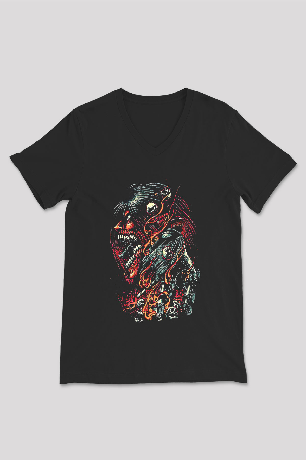 Attack On Titan Baskılı Unisex Siyah V Yaka Tişört - Tshirt
