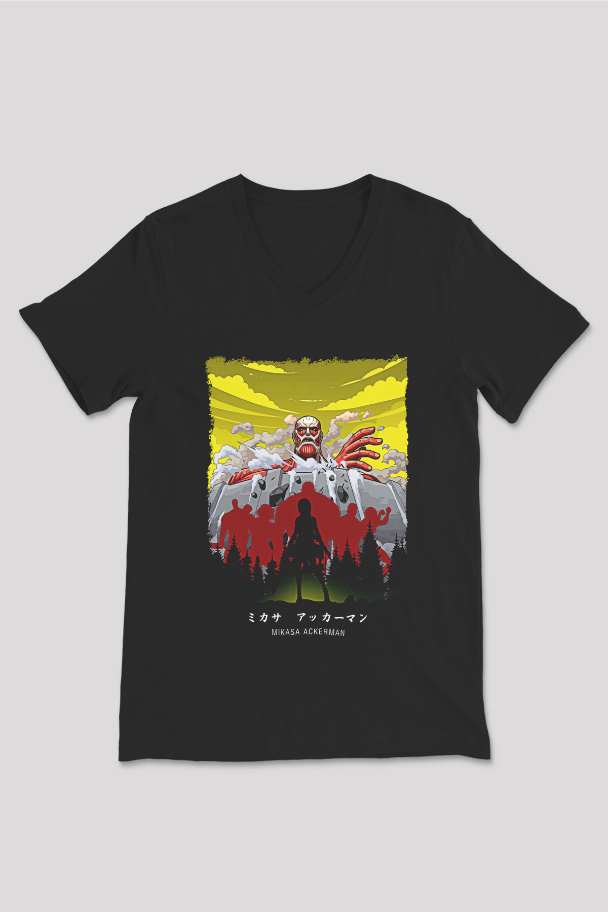 Attack On Titan Baskılı Unisex Siyah V Yaka Tişört - Tshirt