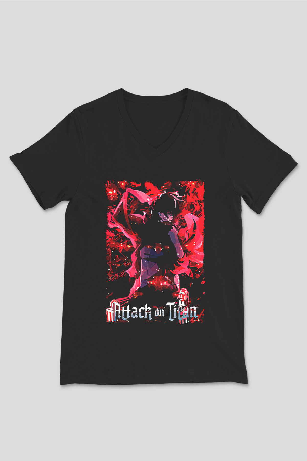 Attack On Titan Baskılı Unisex Siyah V Yaka Tişört - Tshirt