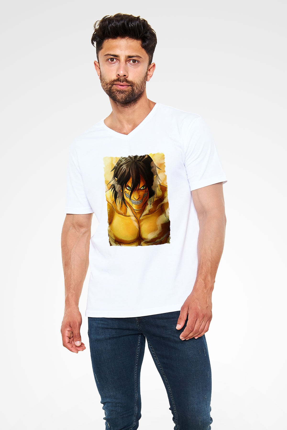 Attack On Titan Baskılı Unisex Siyah V Yaka Tişört - Tshirt