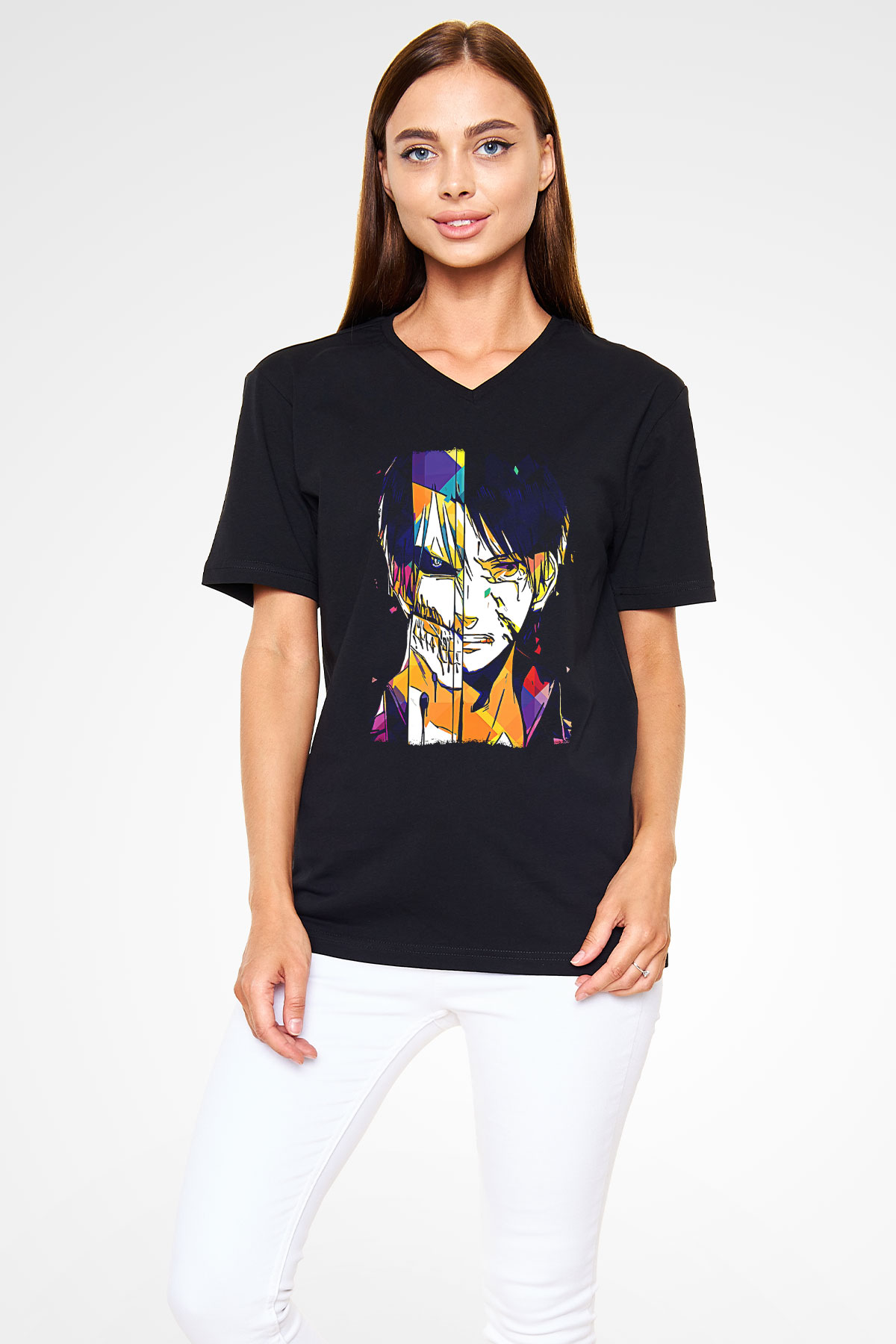 Attack On Titan Baskılı Unisex Siyah V Yaka Tişört - Tshirt