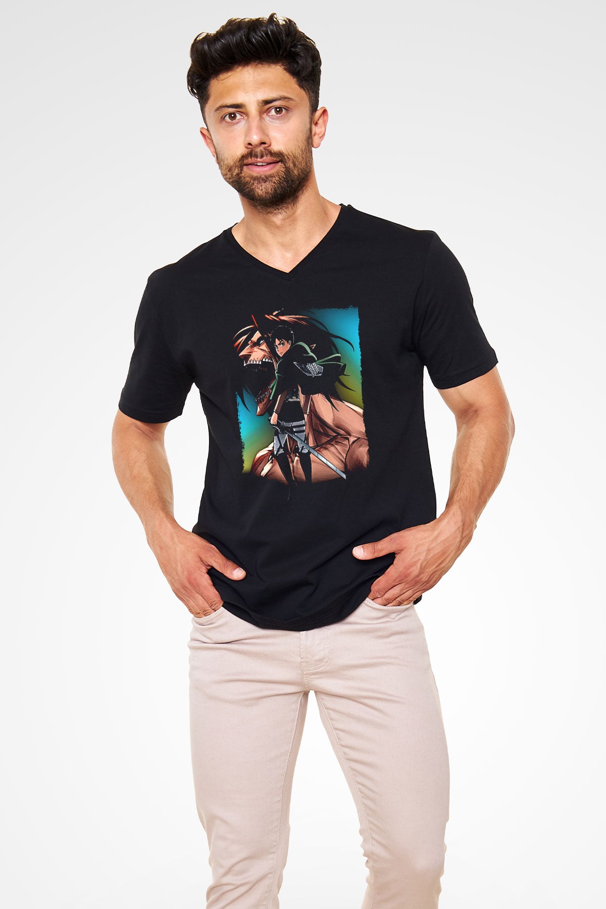 Attack On Titan Baskılı Unisex Siyah V Yaka Tişört - Tshirt